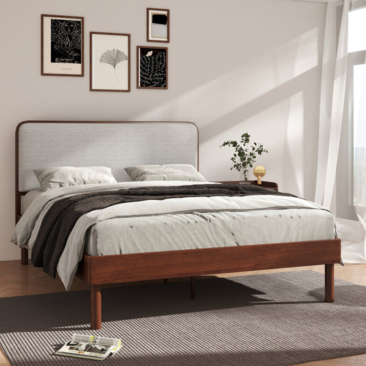 Roundhill Furniture Wyller Rubberwood Platform Bed, Natural Walnut Finish, Queen