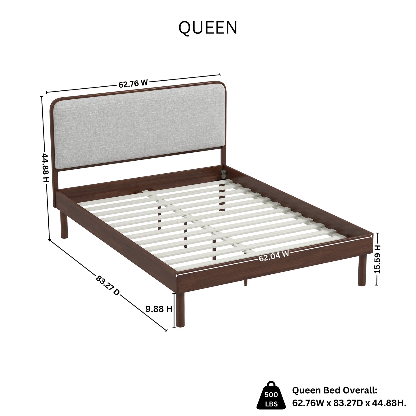 Roundhill Furniture Wyller Rubberwood Platform Bed, Natural Walnut Finish, Queen
