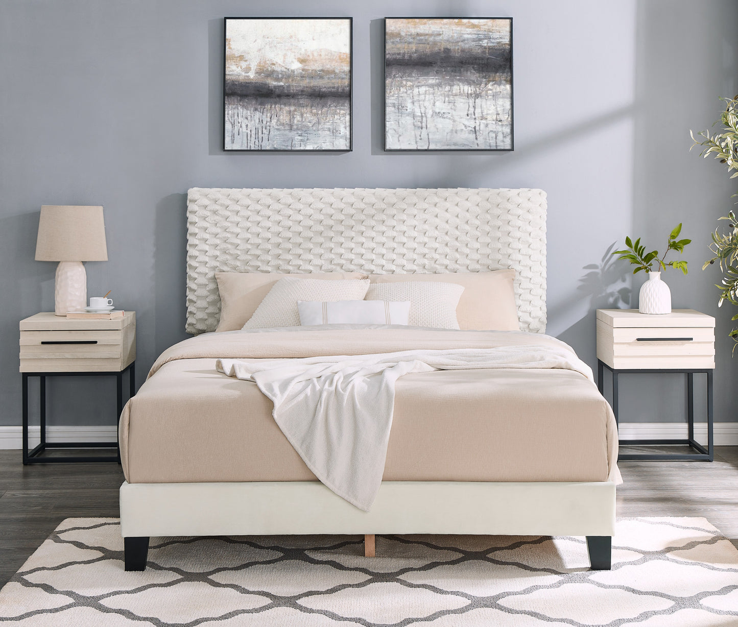 Findlay 3-Piece Bedroom Set, Plush 3D Upholstered Bed with 2 Nightstands