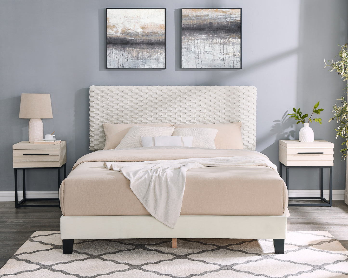 Findlay 3-Piece Bedroom Set, Plush 3D Upholstered Bed with 2 Nightstands