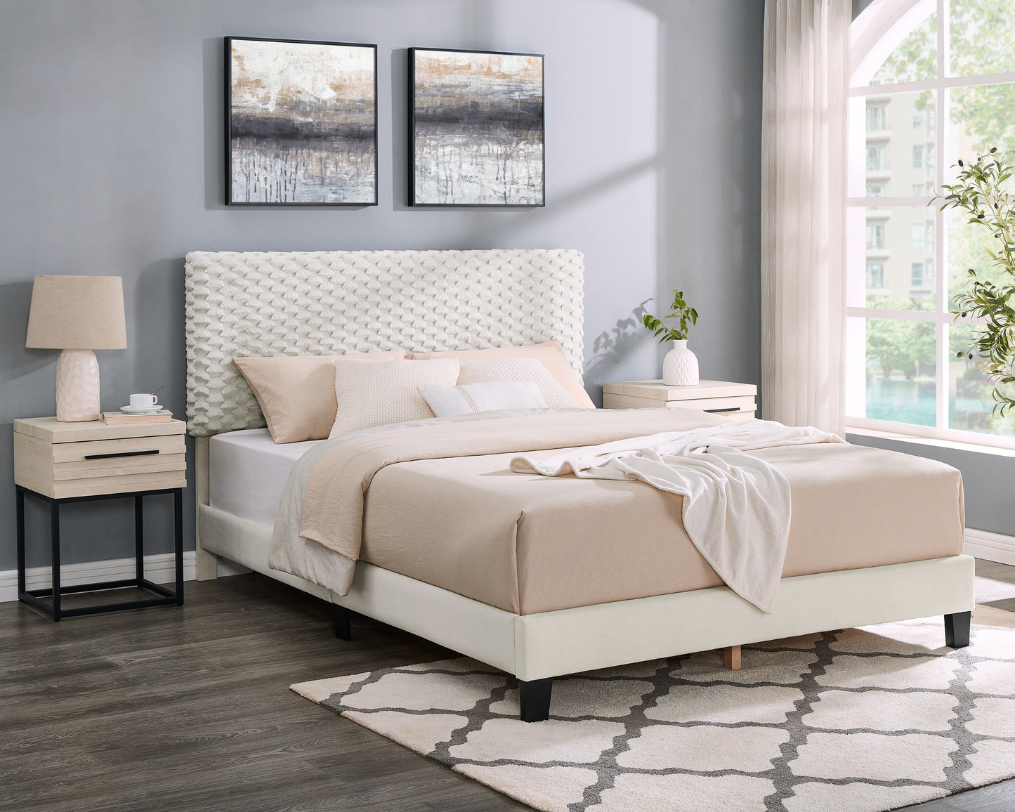 Findlay 3-Piece Bedroom Set, Plush 3D Upholstered Bed with 2 Nightstands