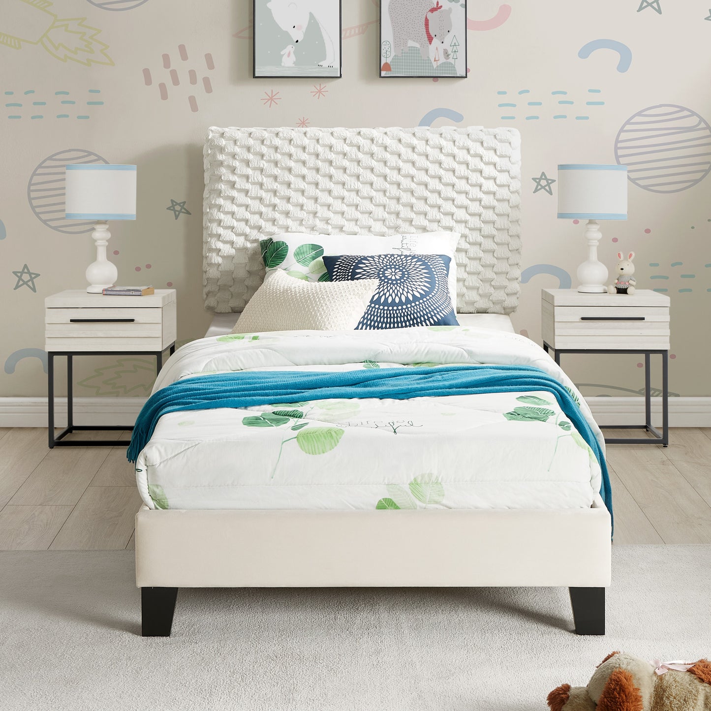 Findlay 3-Piece Bedroom Set, Plush 3D Upholstered Bed with 2 Nightstands