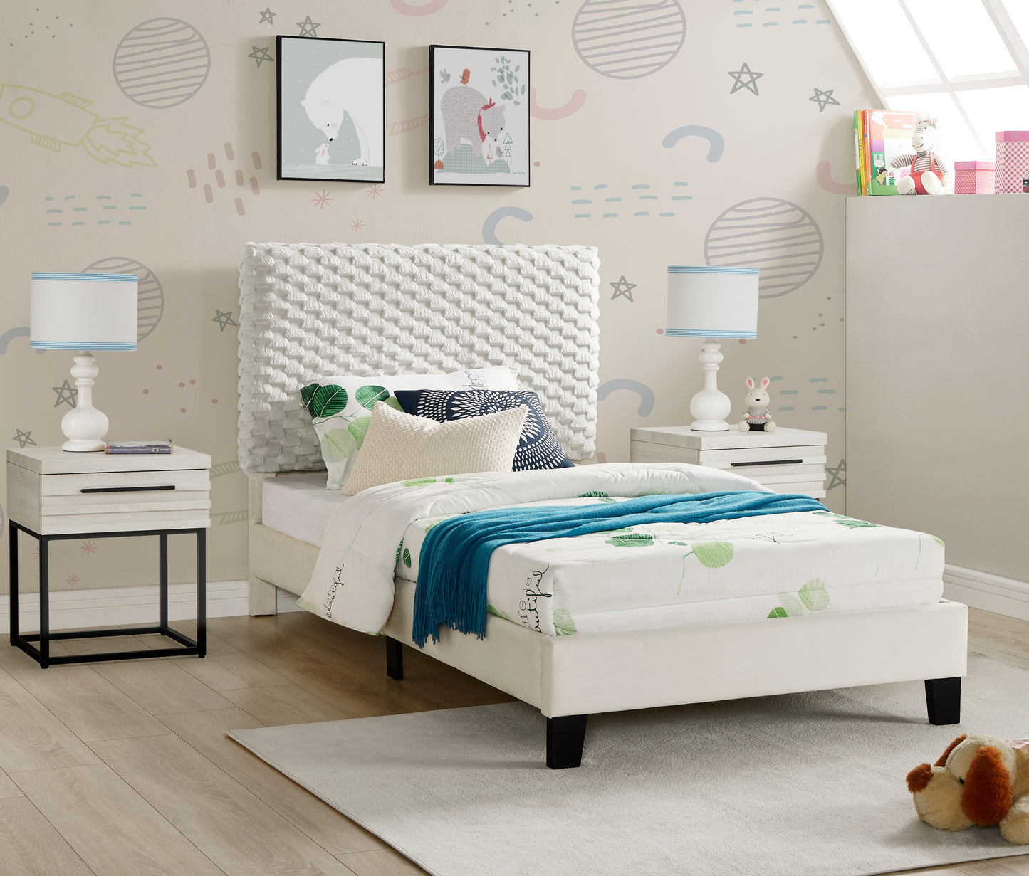 Findlay 3-Piece Bedroom Set, Plush 3D Upholstered Bed with 2 Nightstands