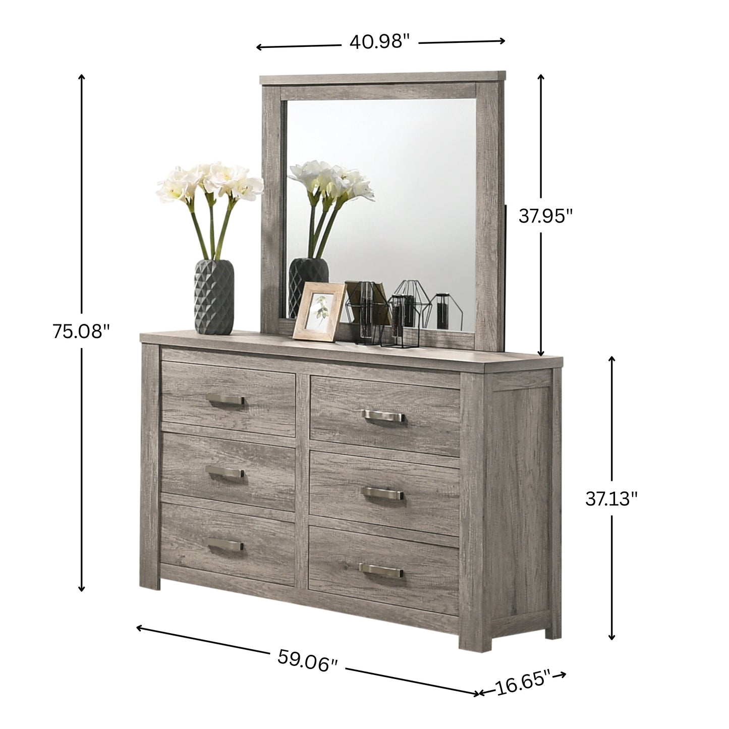 Floren Contemporary Weathered Gray Wood 6-Drawer Dresser with Mirror