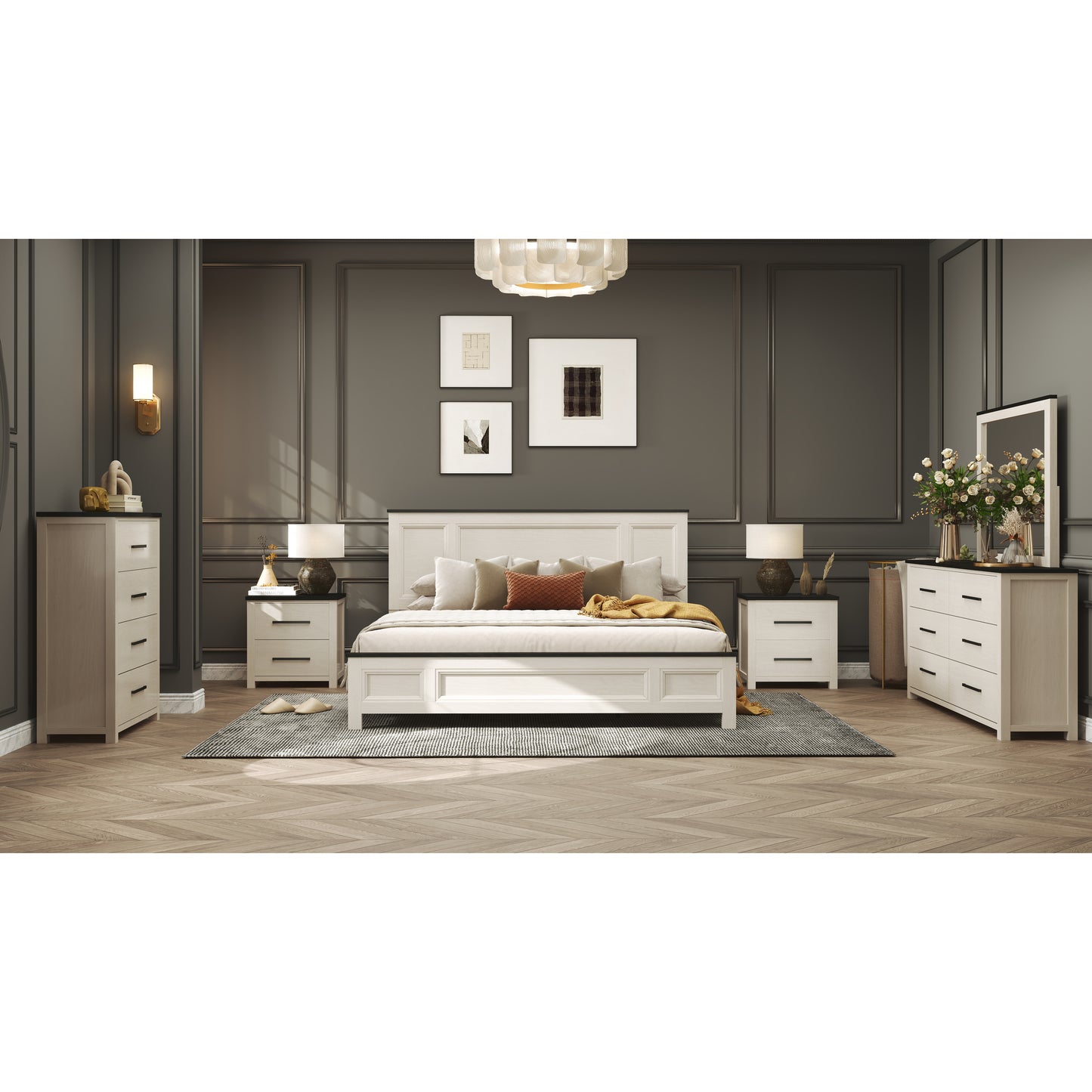 Roundhill Furniture Realynn Wood Bedroom Collection, Off-White Finish