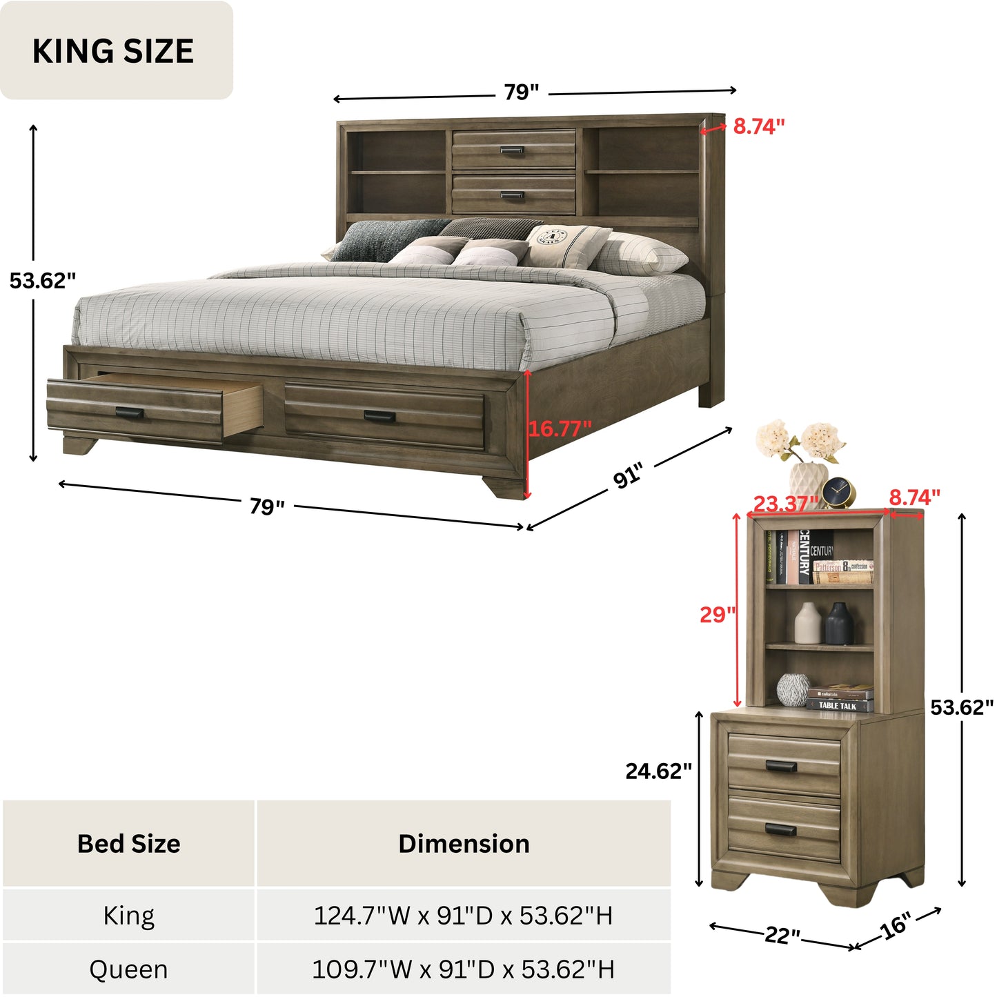 Loiret Light Gray Finish Wood Storage Platform WallBed