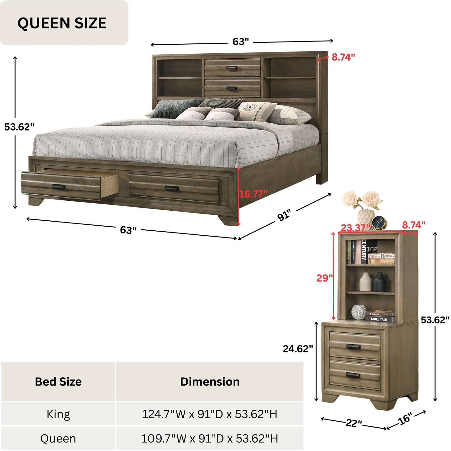 Loiret Light Gray Finish Wood Storage Platform Wallbed Collection