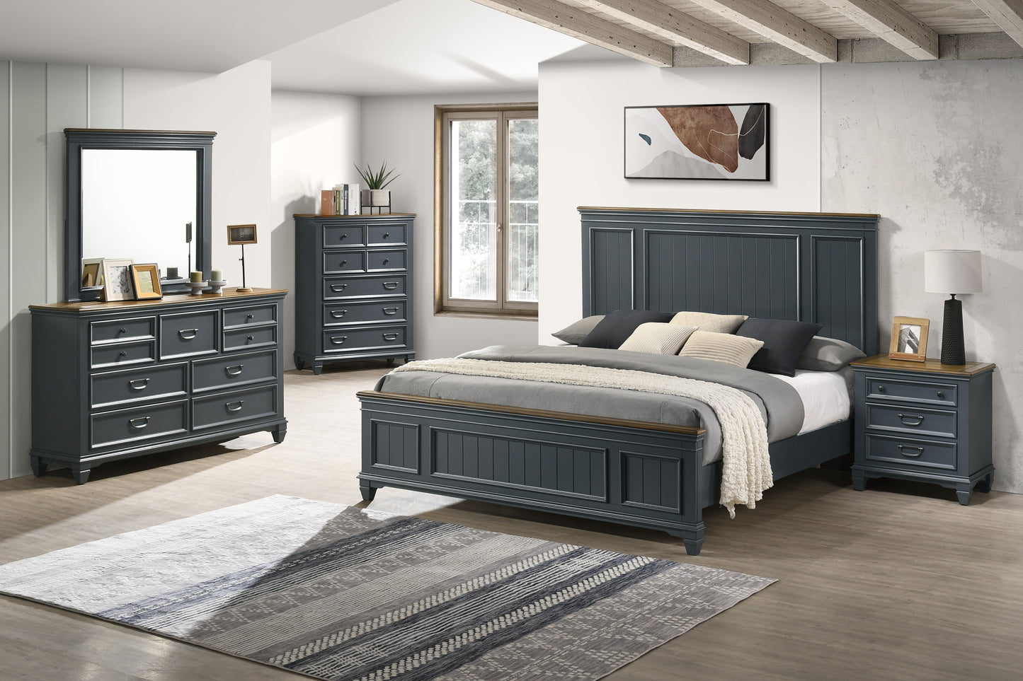 Roundhill Furniture Clelane Wood Bedroom Set with Shiplap Panel Bedroom Collection, Slate Blue