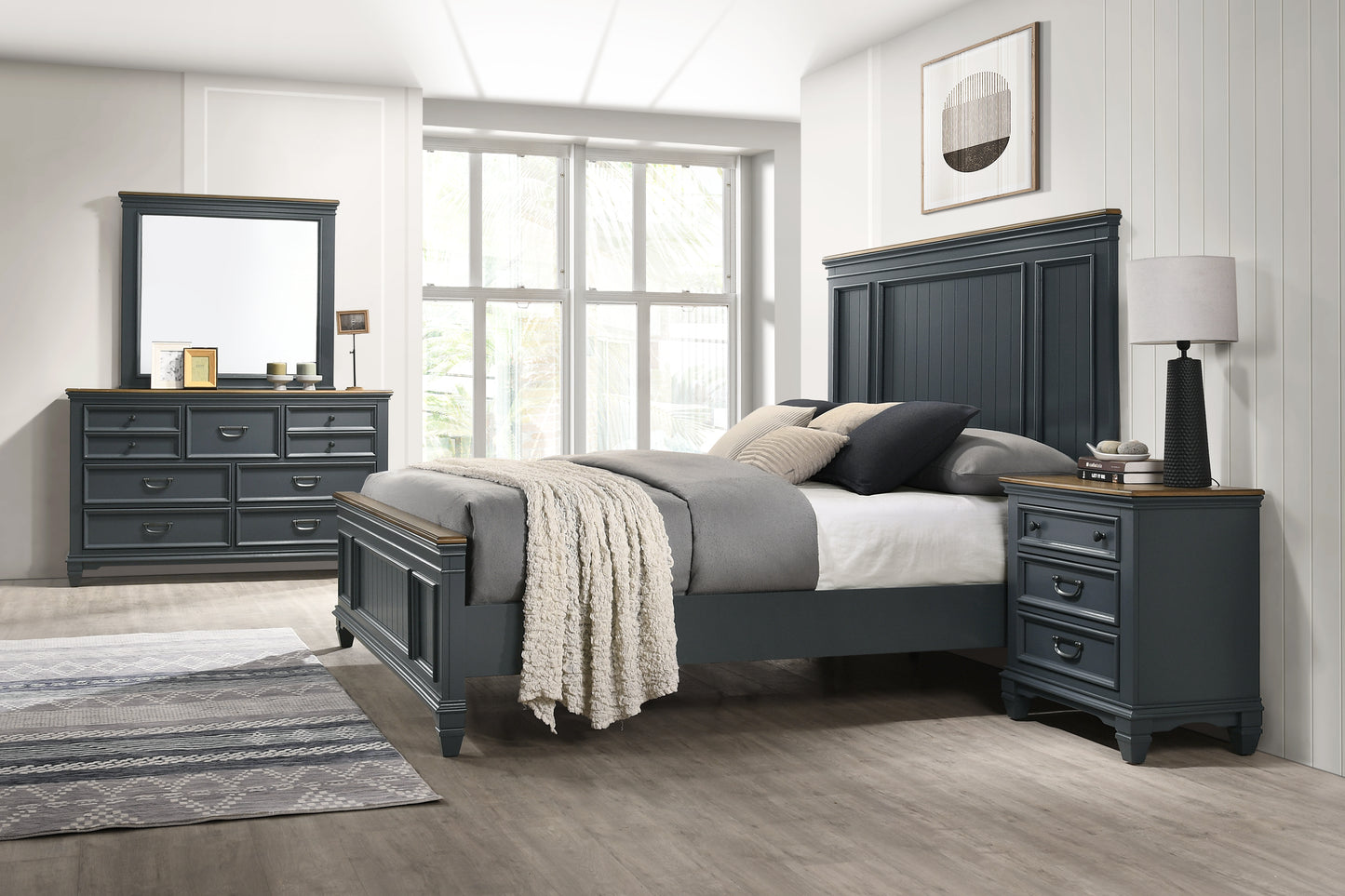 Roundhill Furniture Clelane Wood Bedroom Set with Shiplap Panel Bedroom Collection, Slate Blue