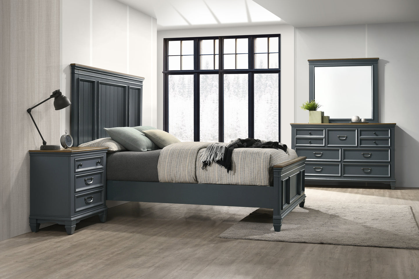 Roundhill Furniture Clelane Wood Bedroom Set with Shiplap Panel Bedroom Collection, Slate Blue