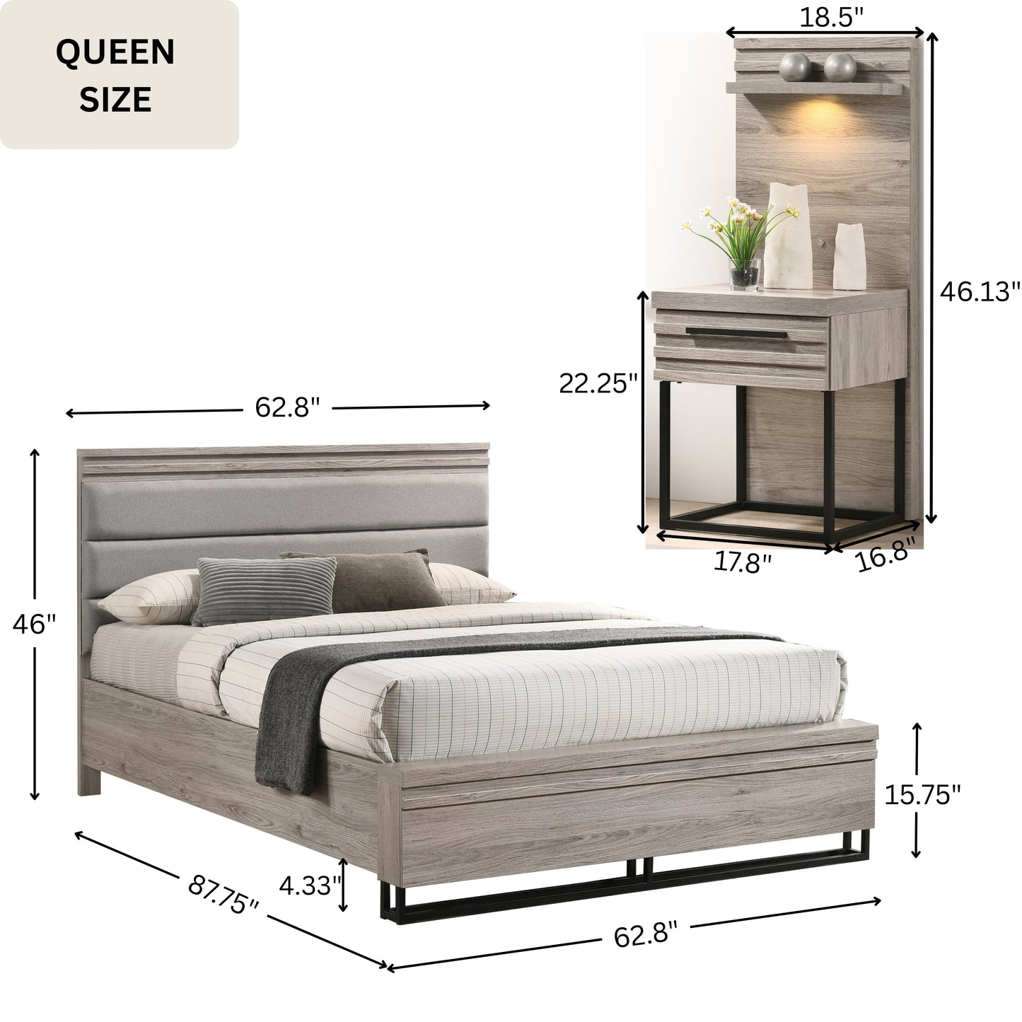 Alvear Upholstered Wood Wallbed Bed with White LED Lights, 2 Nightstands, Weathered Gray