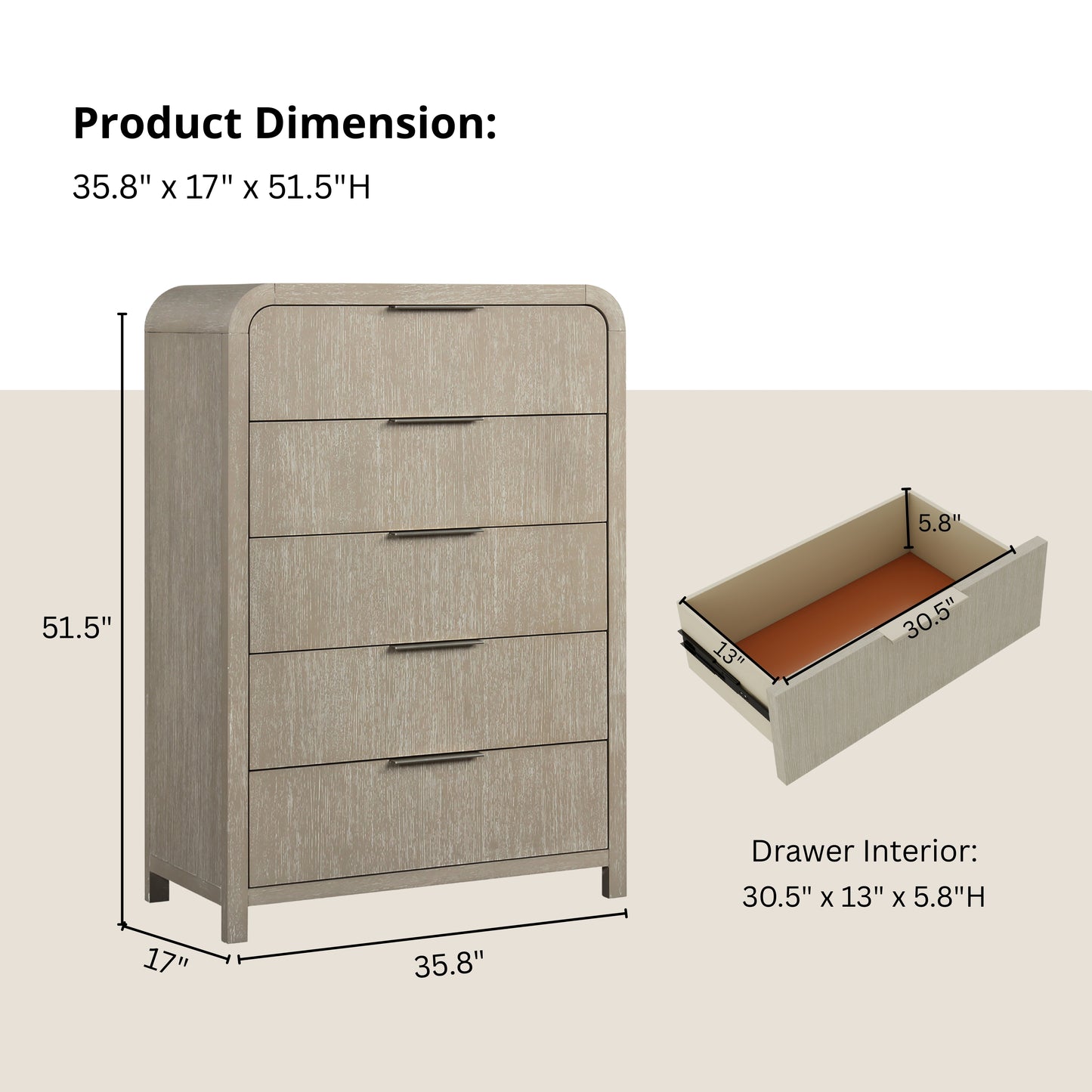 Roundhill Furniture Tavari Contemporary 5-Drawer Wood Chest, Light Gray