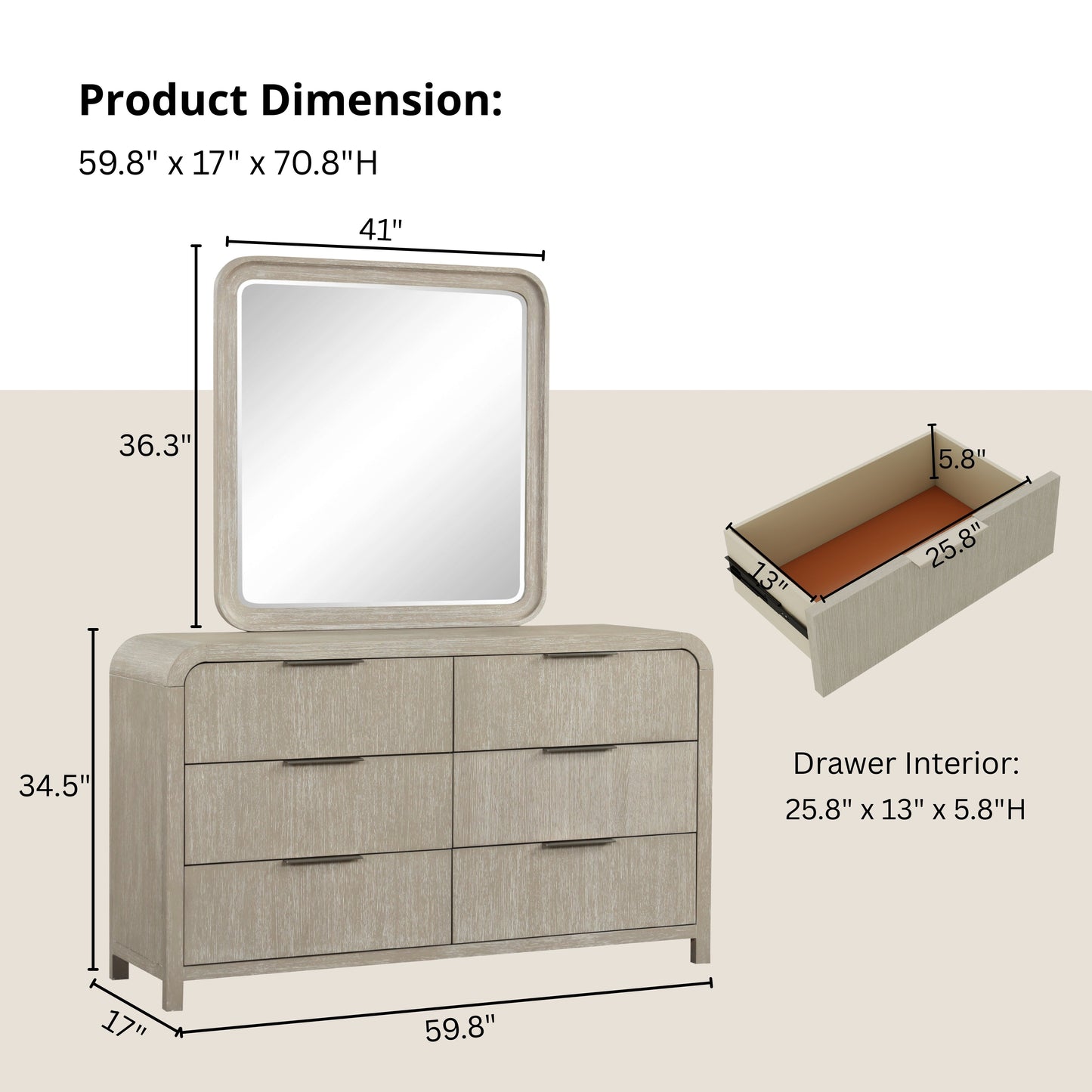 Roundhill Furniture Tavari Contemporary 6-Drawer Wood Dresser with Mirror, Light Gray