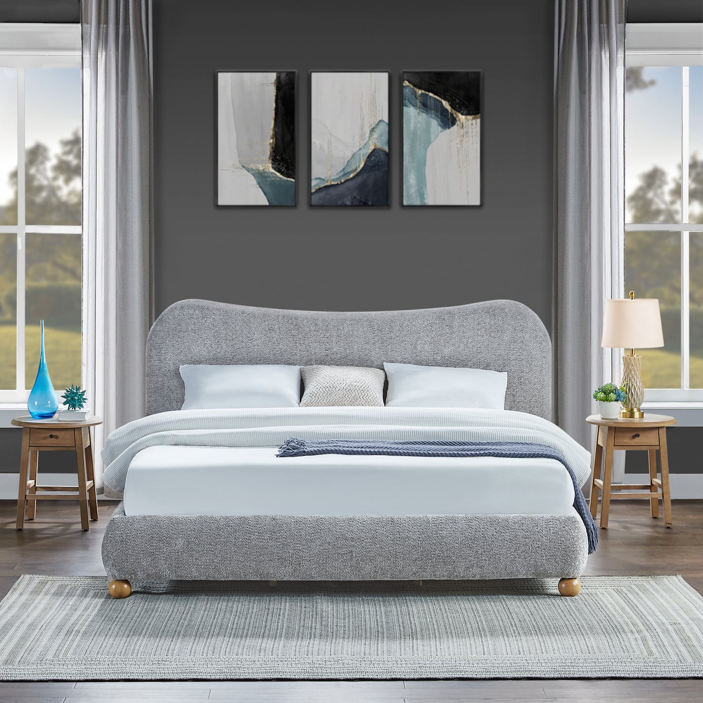 Roundhill Furniture Lunara Gray Upholstered Platform Bed with Bun Feet