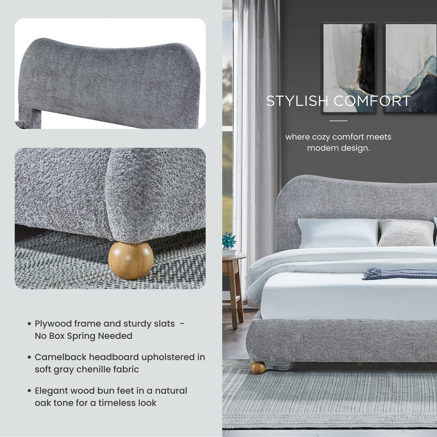 Roundhill Furniture Lunara Gray Upholstered Platform Bed with Bun Feet