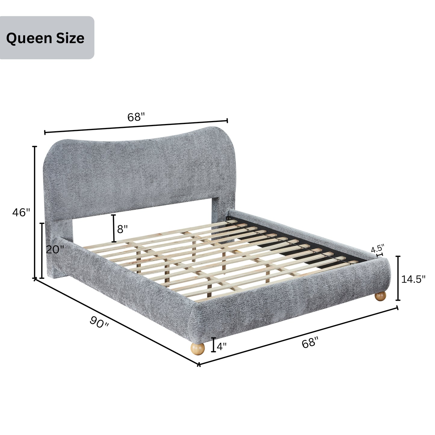 Roundhill Furniture Lunara Gray Upholstered Platform Bed with Bun Feet