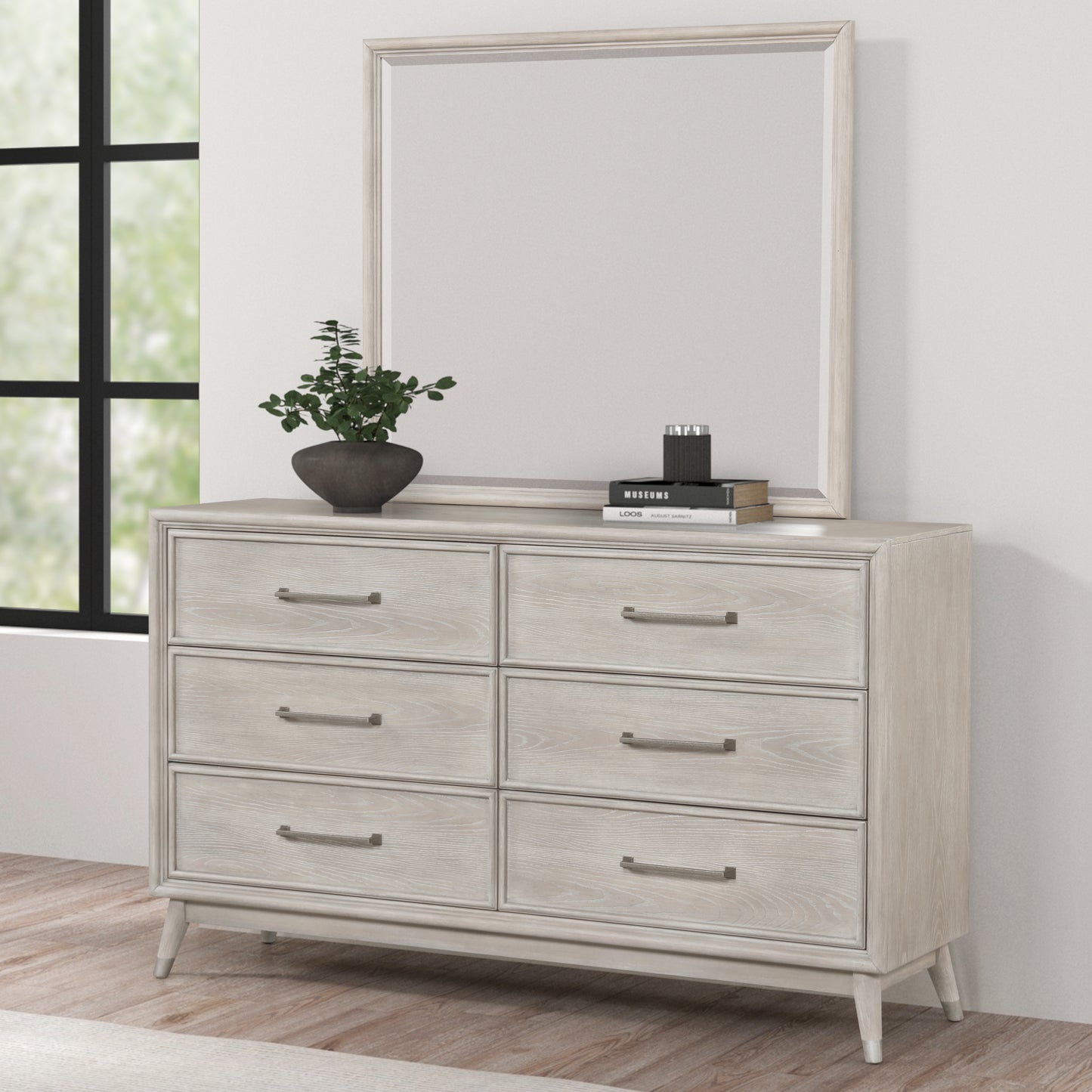 Roundhill Furniture Seluna 6-Drawer Bedroom Dresser with Mirror, Gray Oak Finish