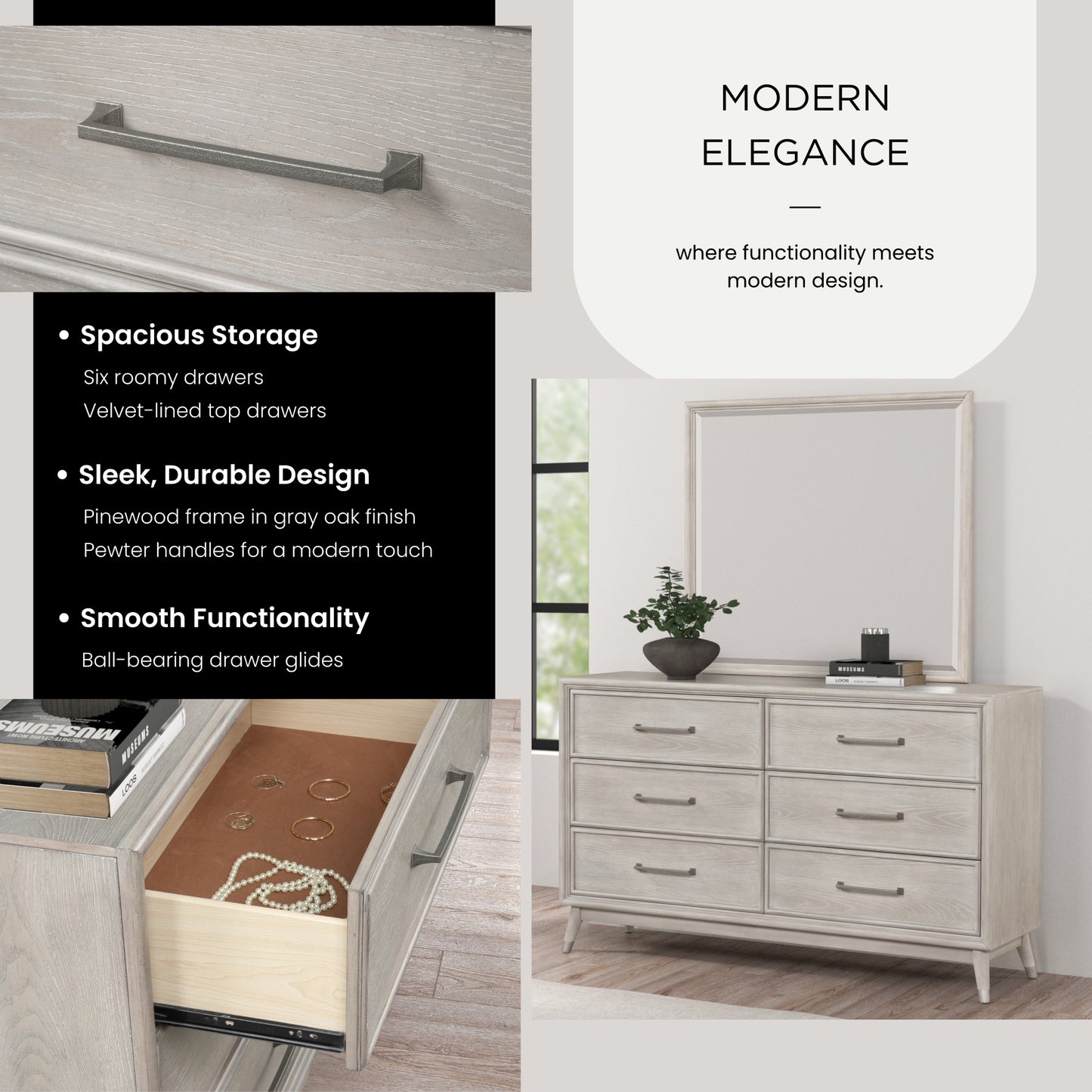 Roundhill Furniture Seluna 6-Drawer Bedroom Dresser with Mirror, Gray Oak Finish