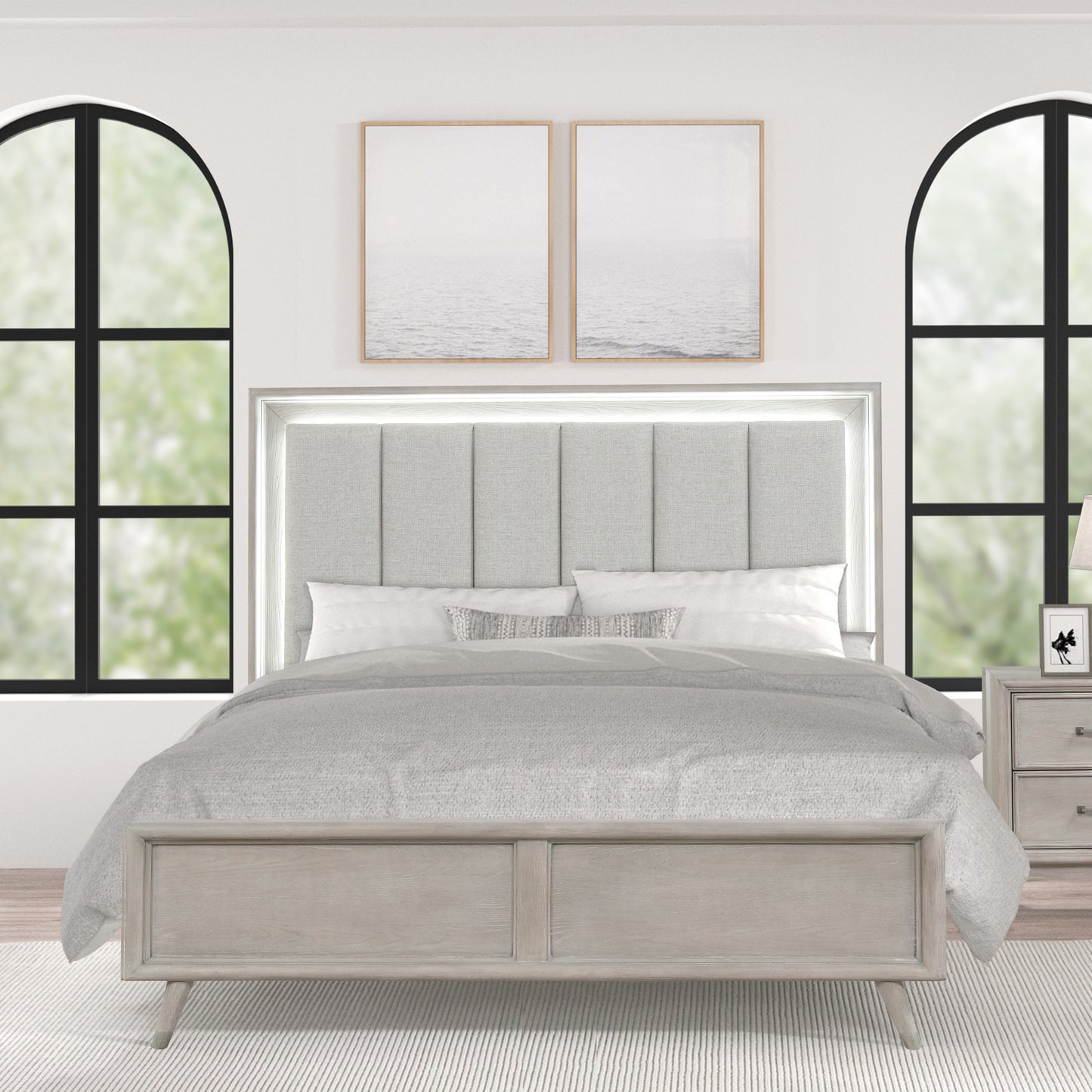 Roundhill Furniture Seluna LED Lighting Panel Bed, Upholstered Headbord, Gray Oak Finish