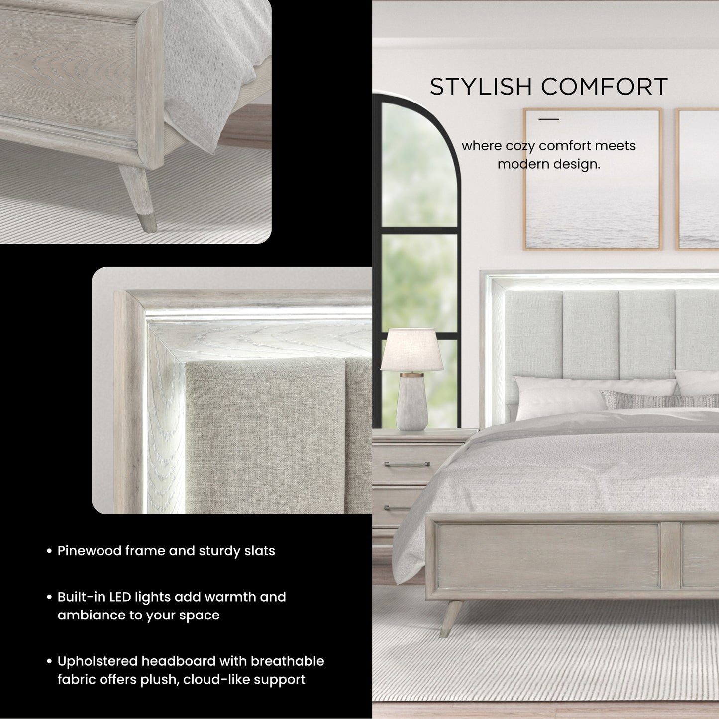 Roundhill Furniture Seluna LED Lighting Panel Bed, Upholstered Headbord, Gray Oak Finish