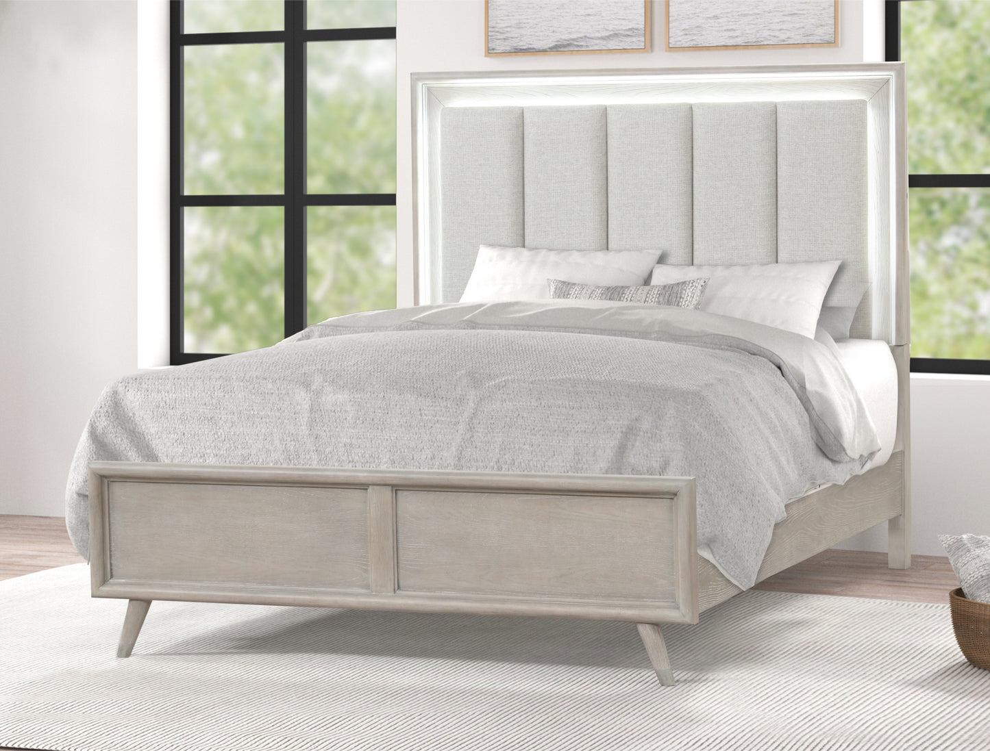 Roundhill Furniture Seluna LED Lighting Panel Bed, Upholstered Headbord, Gray Oak Finish