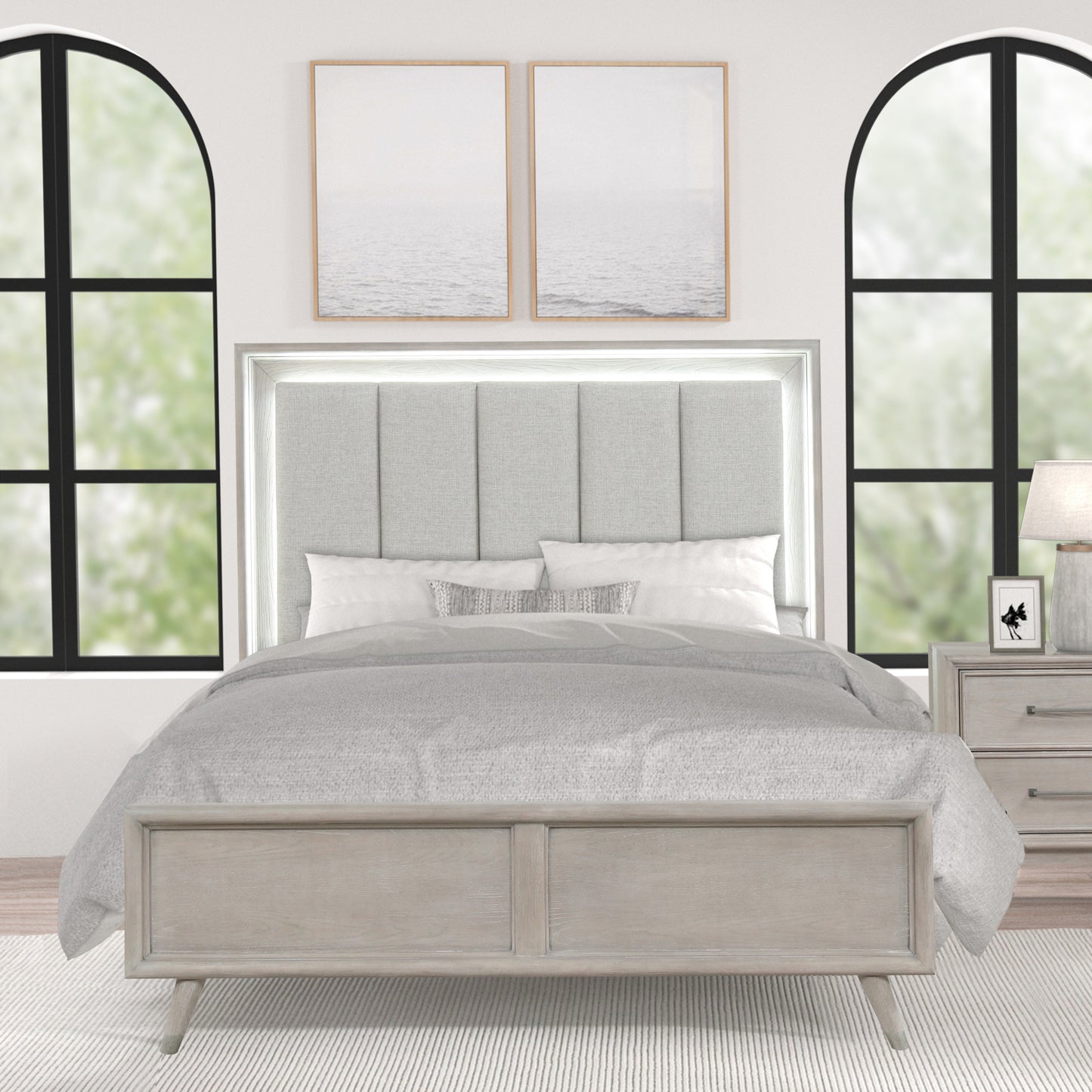 Roundhill Furniture Seluna LED Lighting Panel Bed, Upholstered Headbord, Gray Oak Finish