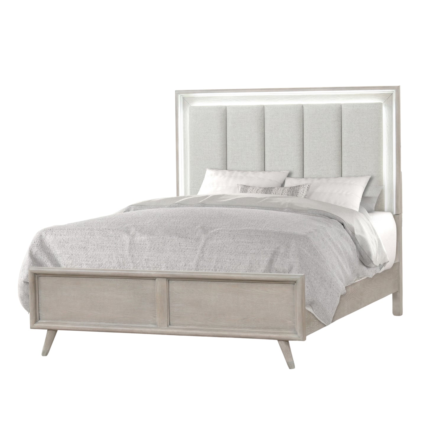 Roundhill Furniture Seluna LED Lighting Panel Bed, Upholstered Headbord, Gray Oak Finish