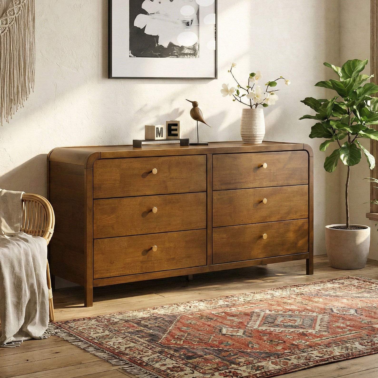 Roundhill Furniture Eldren 6-Drawer Wood Dresser with Solid Rubberwood