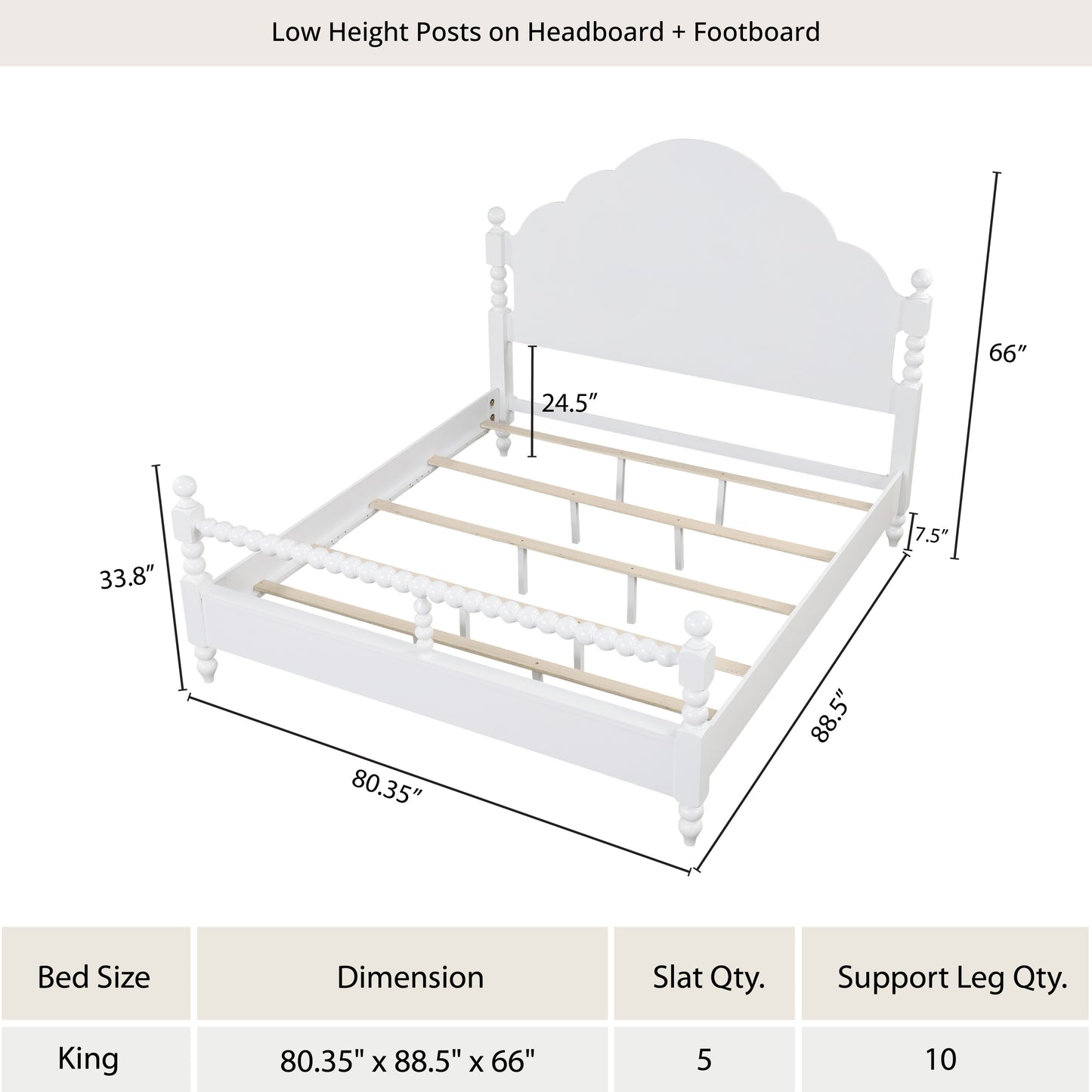 Roundhill Furniture Avellune Wood Poster Bed with 3 Interchangeable Post Heights, Scalloped Headboard, White Finish