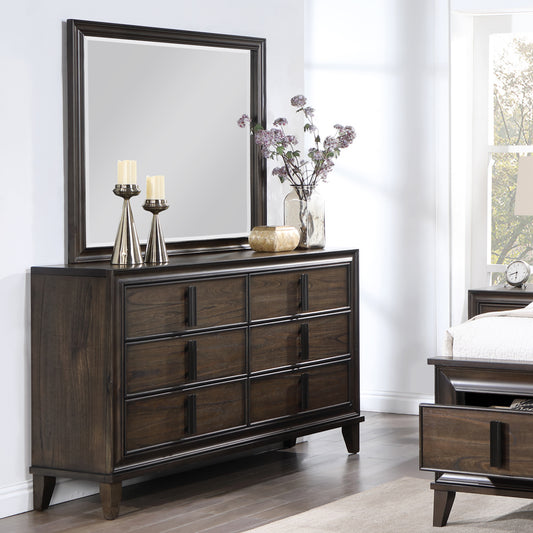 Aetheria Contemporary Wood 6 -Drawer Dresser with Mirror in Dark Brown