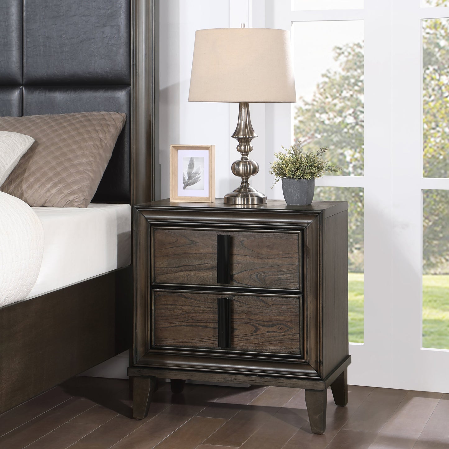 Aetheria Contemporary Wood 2-Drawer Nightstand, Dark Brown
