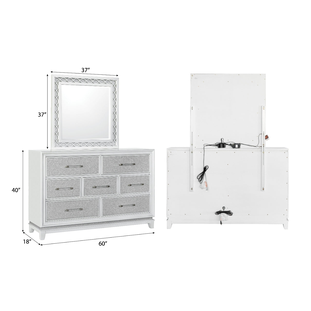 Galaxy 7-Drawer Bedroom Dresser with Mirror, With LED Lights, Pearlized White