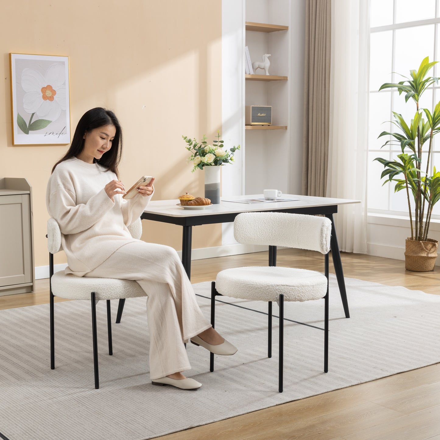Burbank Modern Round Boucle Dining Chairs, Set of 2