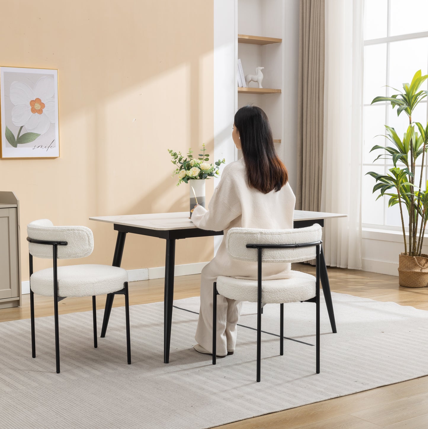 Burbank Modern Round Boucle Dining Chairs, Set of 2