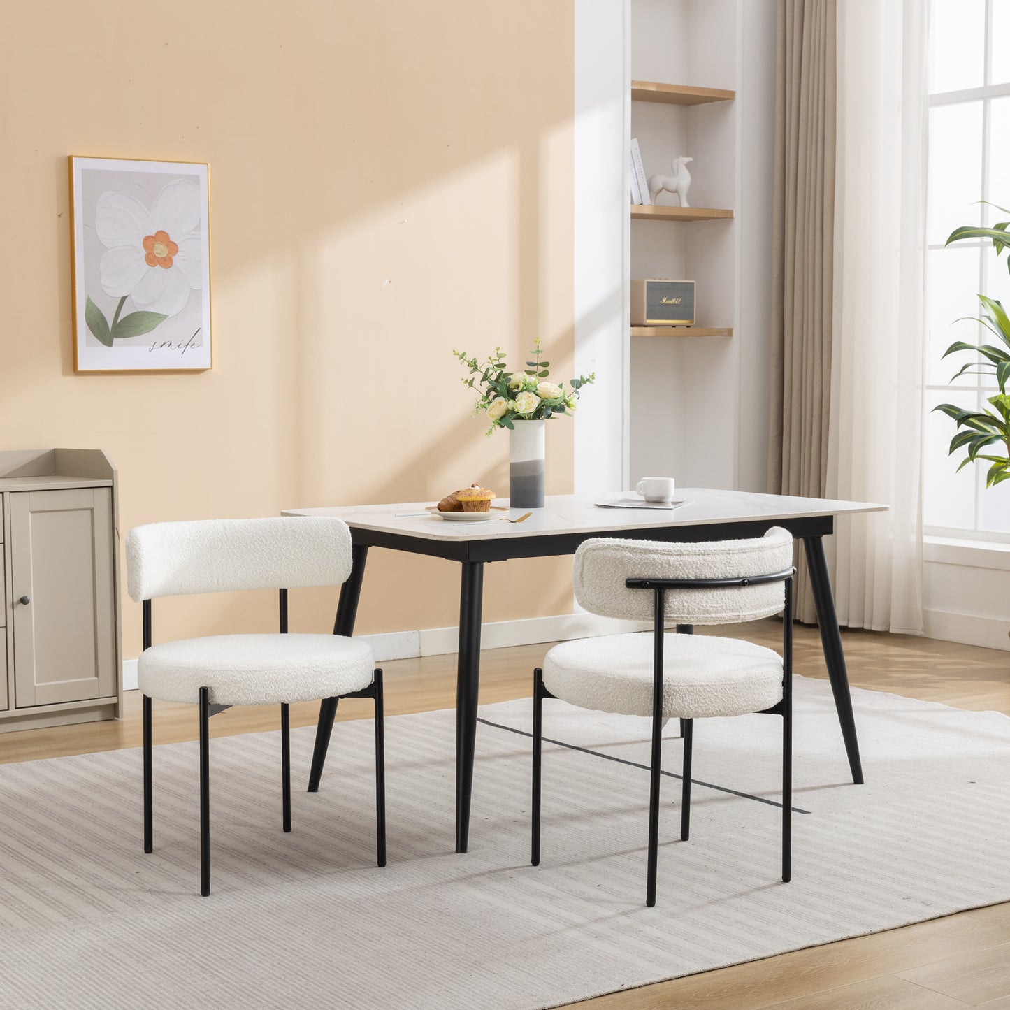 Burbank Modern Round Boucle Dining Chairs, Set of 2