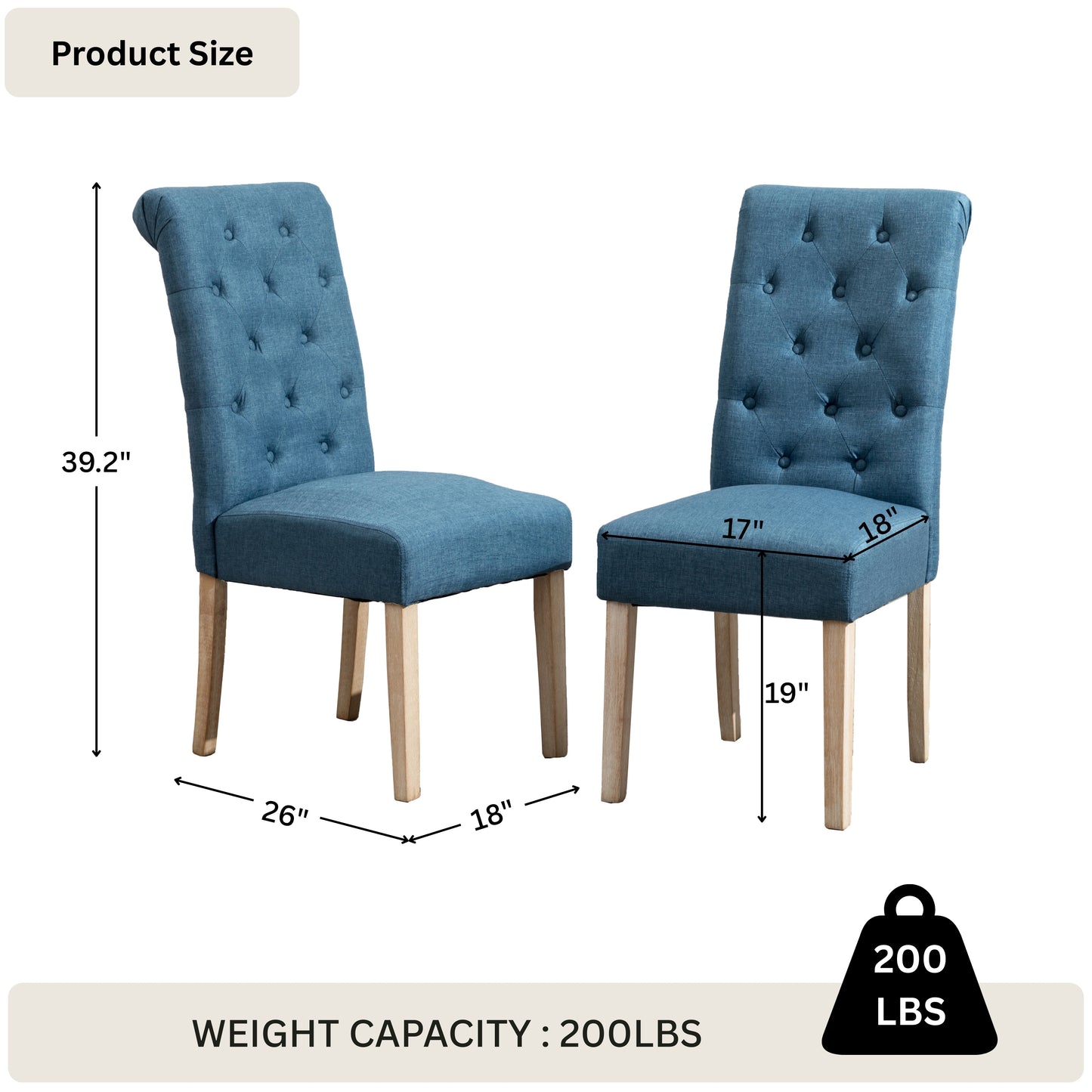 Habit Blue Solid Wood Tufted Parsons Dining Chair ,Set of 2