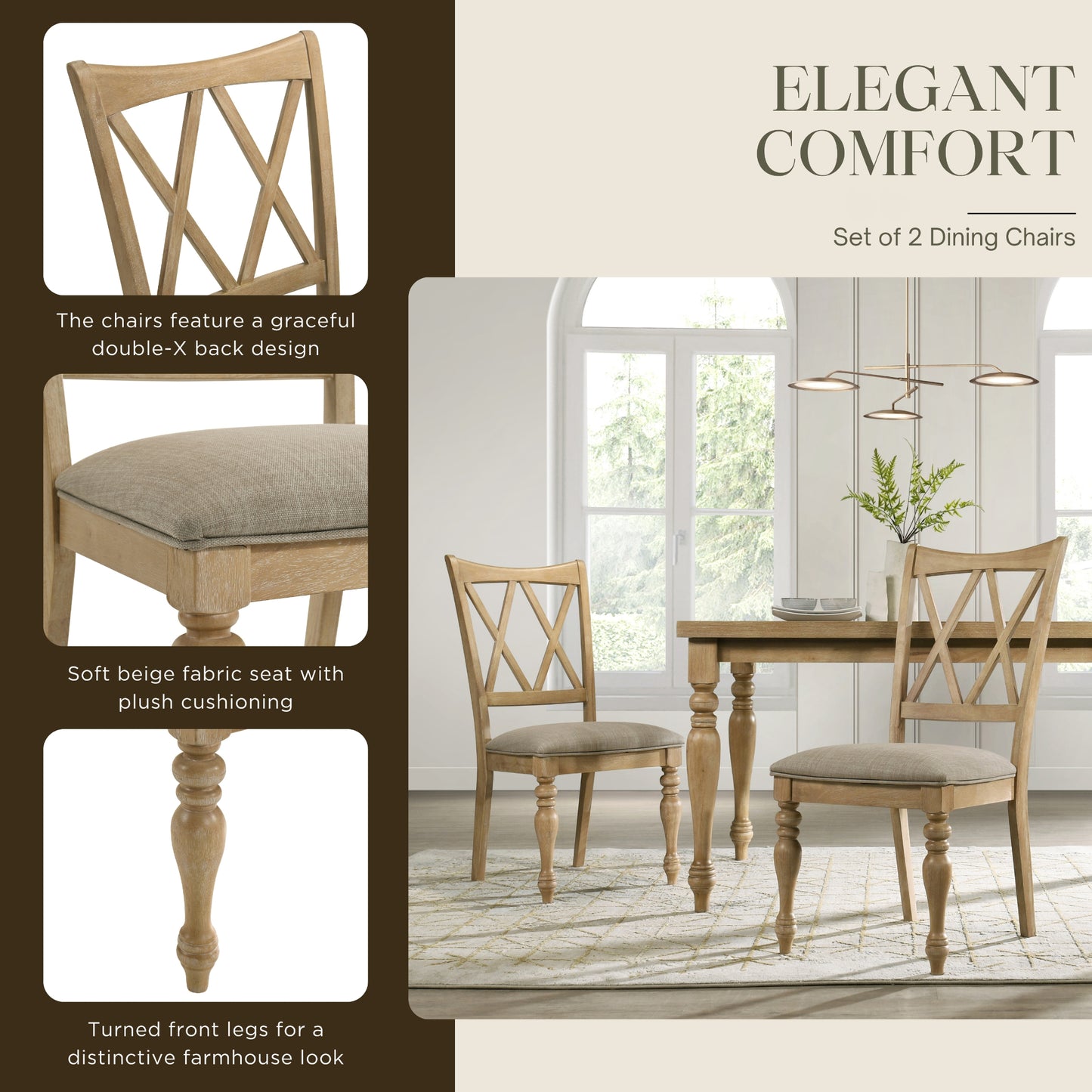 Roundhill Furniture Verta Solid Wood Cross-back Dining Chairs, Set of 2, Light Oak Finish