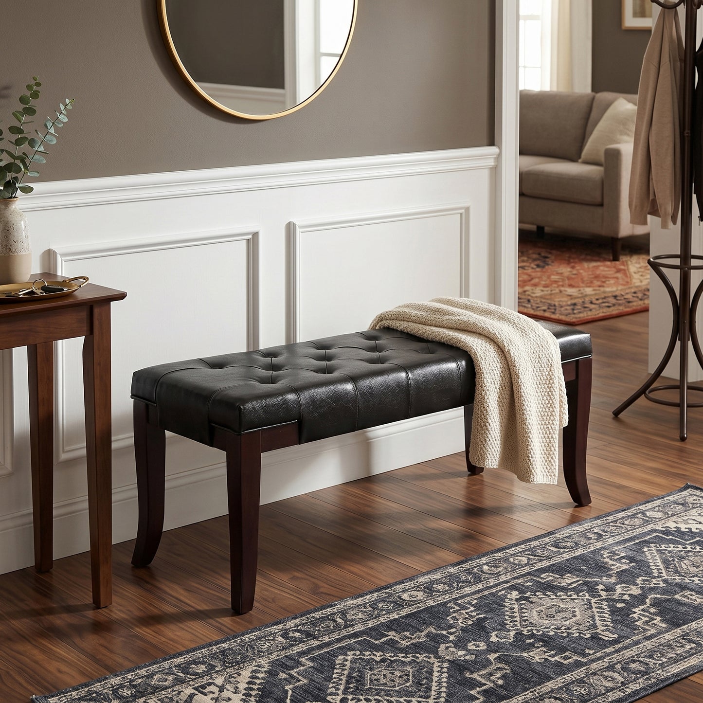 Linon Espresso Leather Tufted Ottoman Bench