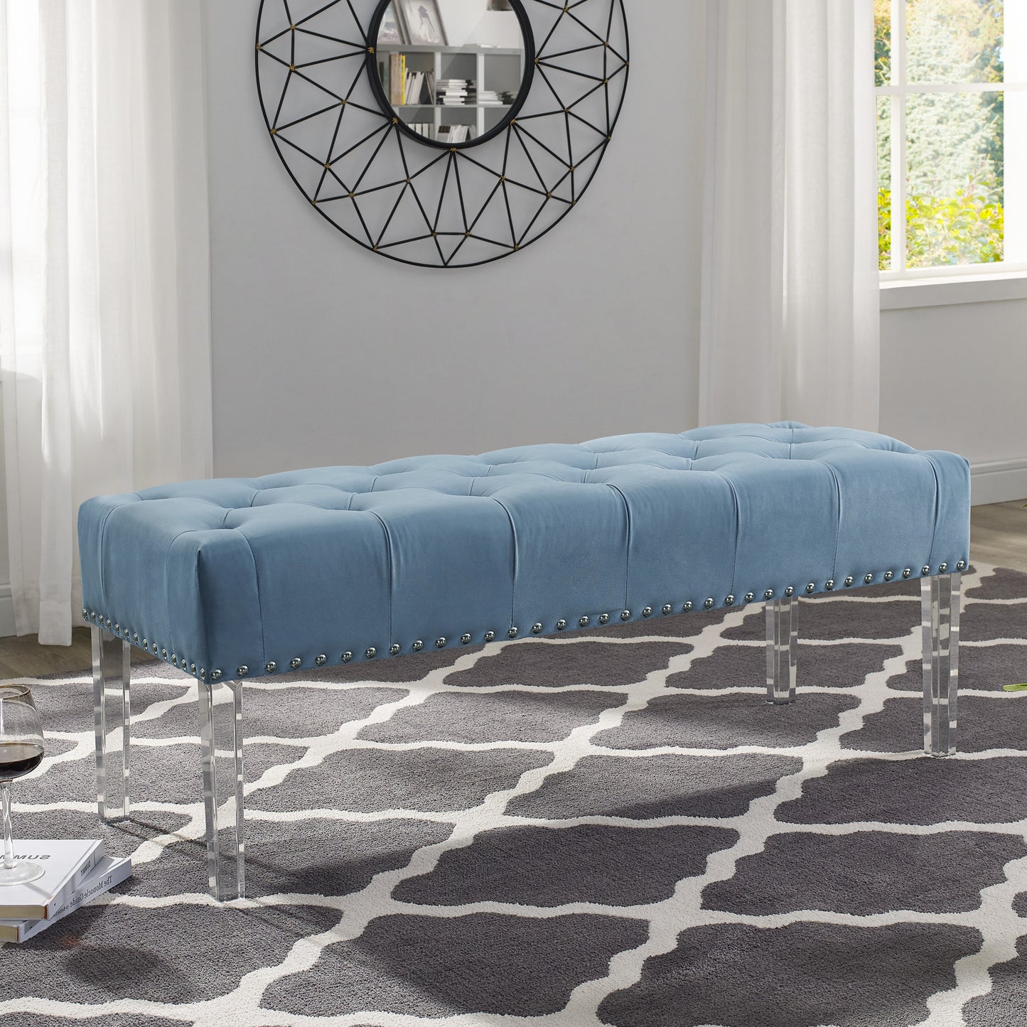 Valley Button tufted Velvet Upholstered Bench With Acrylic Leg
