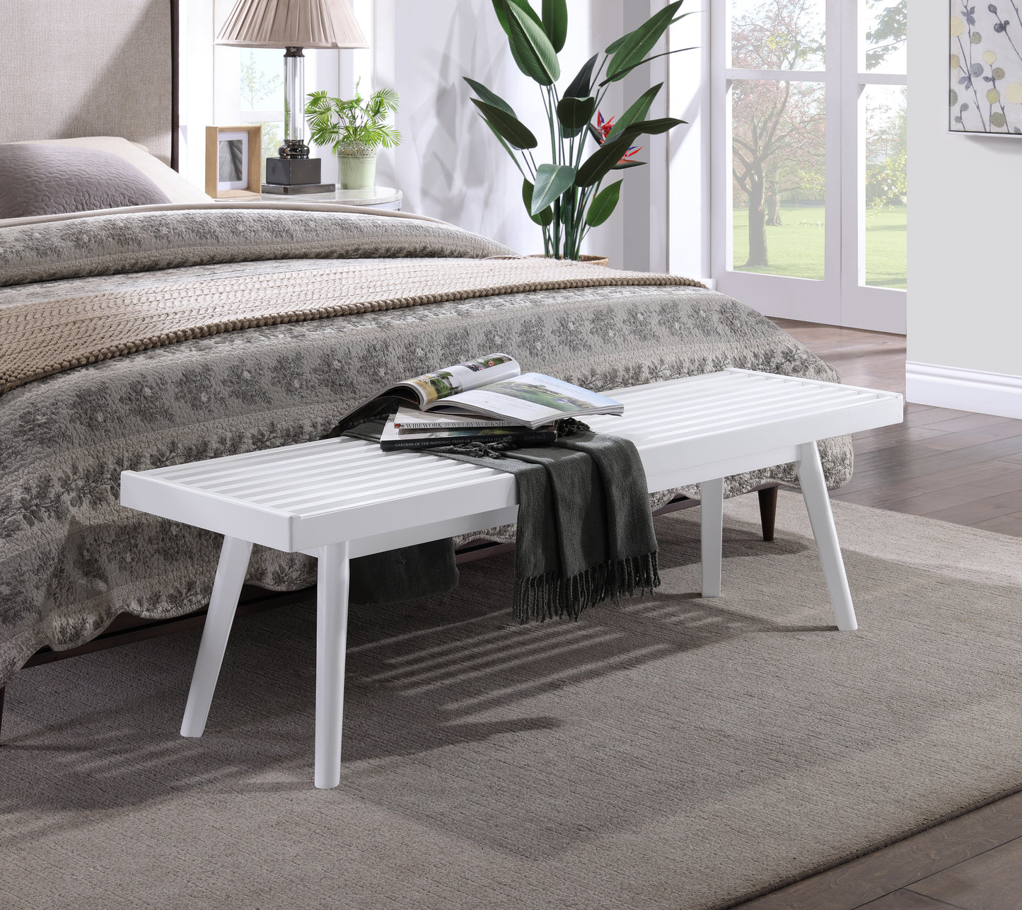 Roundhill Furniture Larwich Solid Wood Slatted Bench, 56.30-Inch Long, White