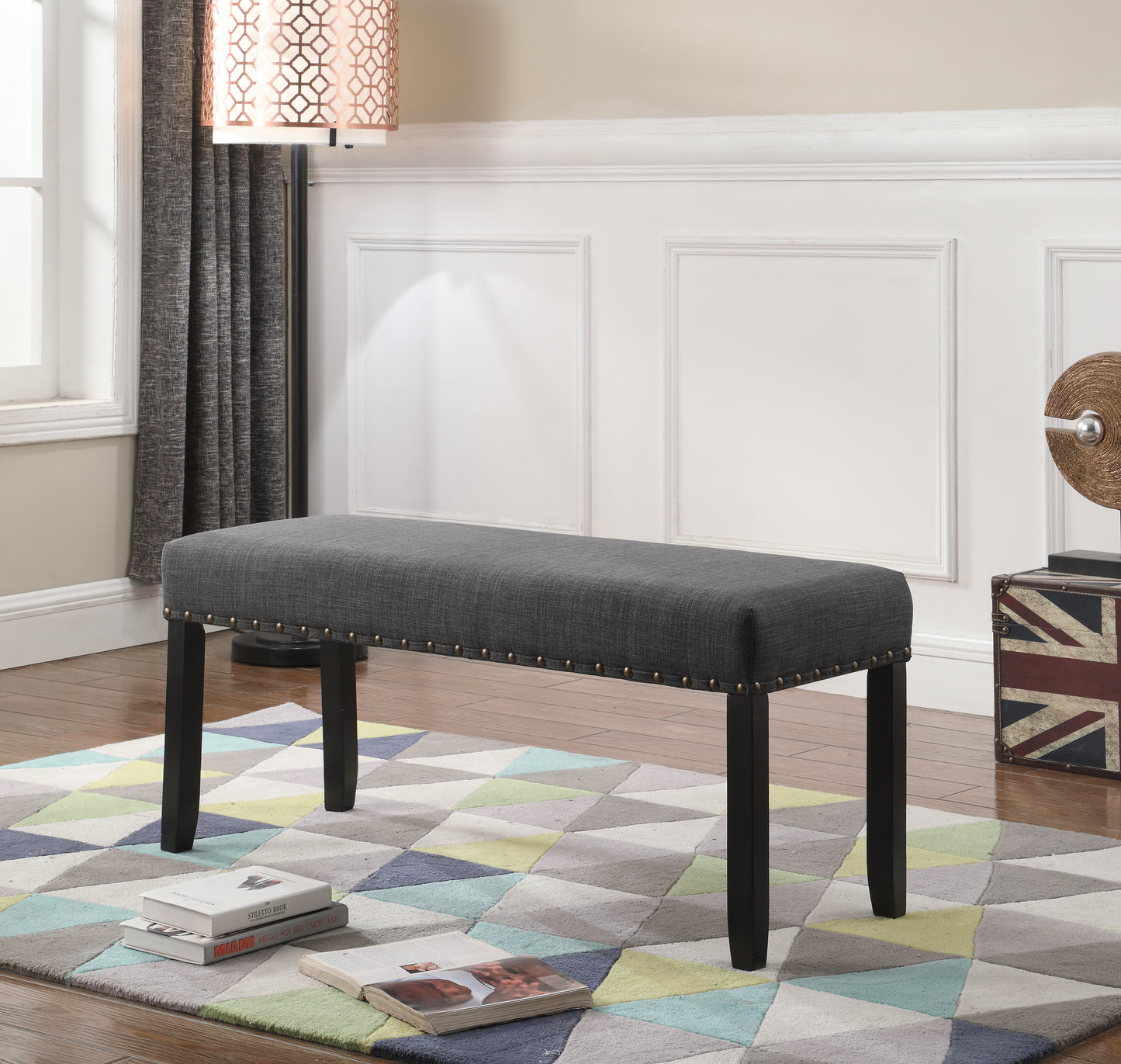 Roundhill Furniture Biony Fabric Dining Bench with Nailhead Trim