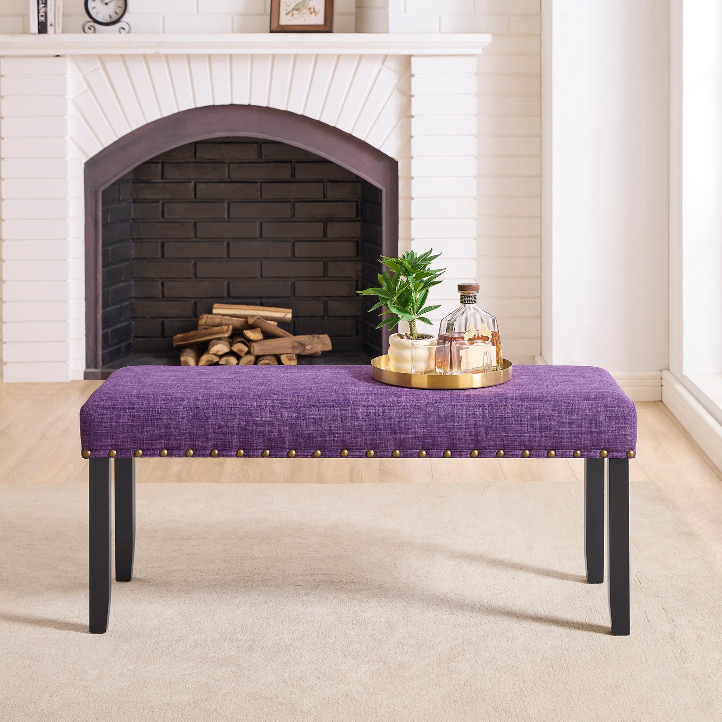 Roundhill Furniture Biony Fabric Dining Bench with Nailhead Trim