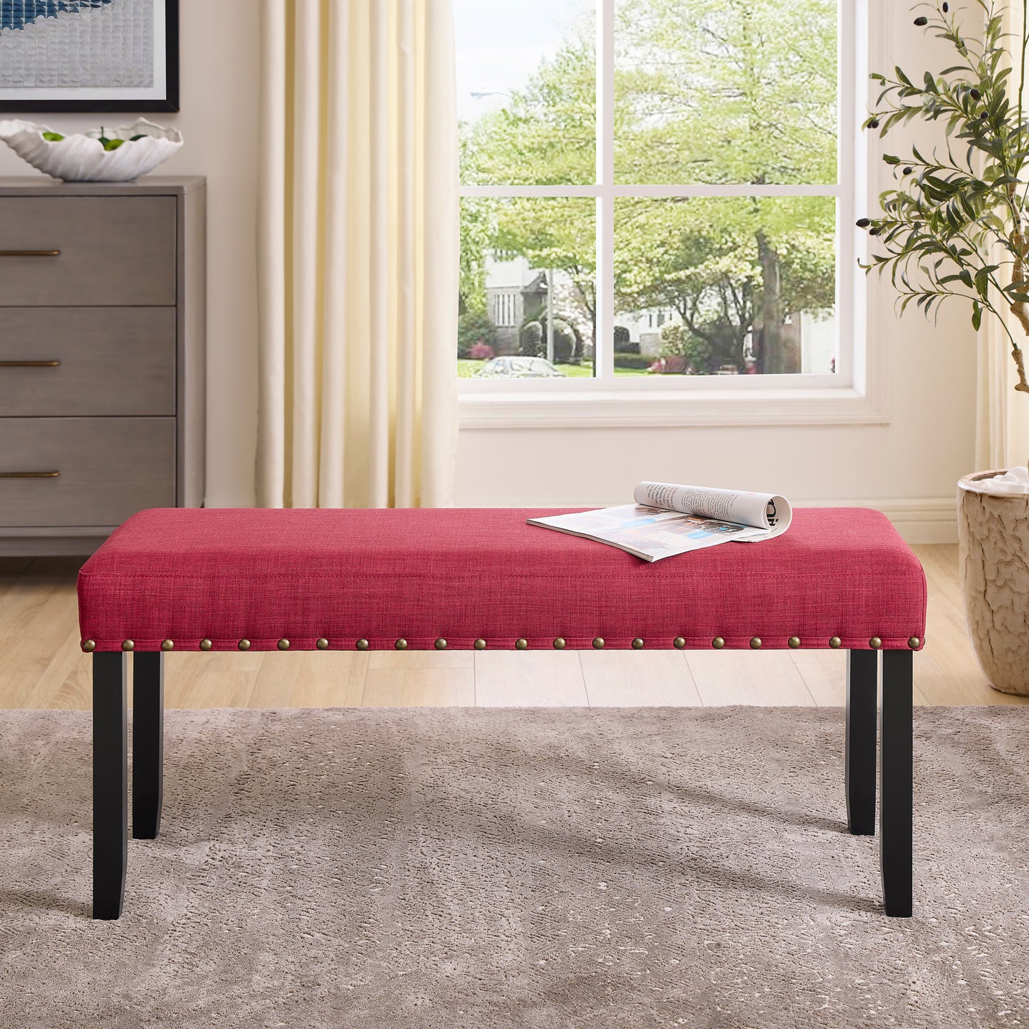 Roundhill Furniture Biony Fabric Dining Bench with Nailhead Trim