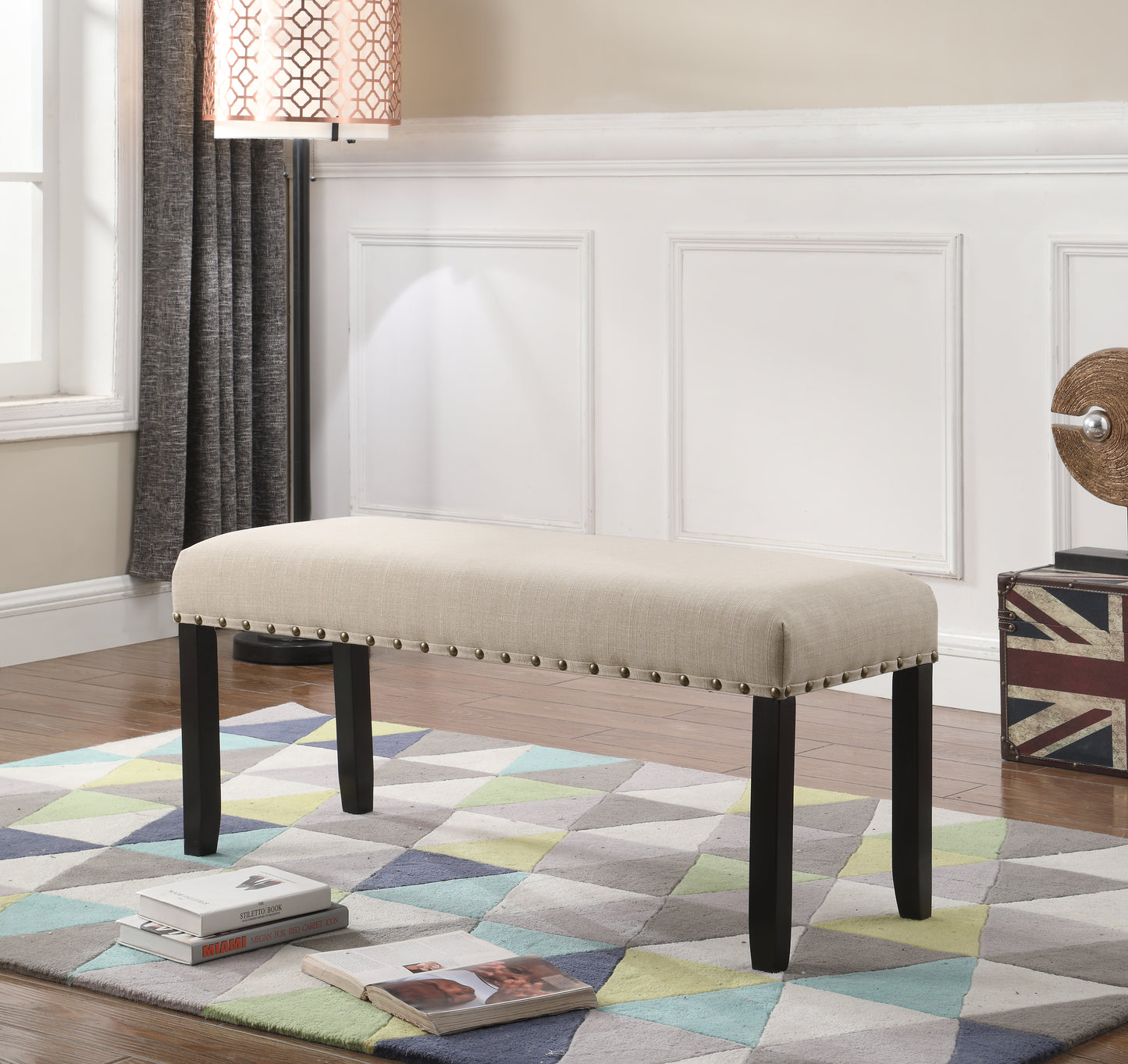 Roundhill Furniture Biony Fabric Dining Bench with Nailhead Trim