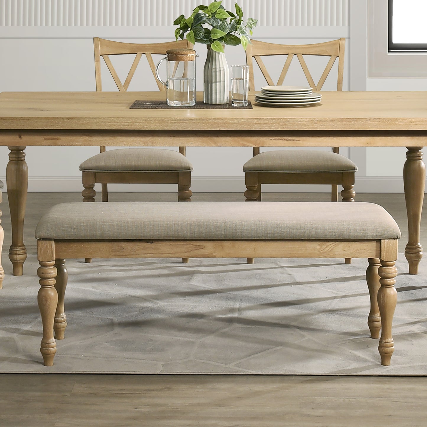 Roundhill Furniture Verta Solid Wood Upholstered Dining Bench, Light Oak Finish