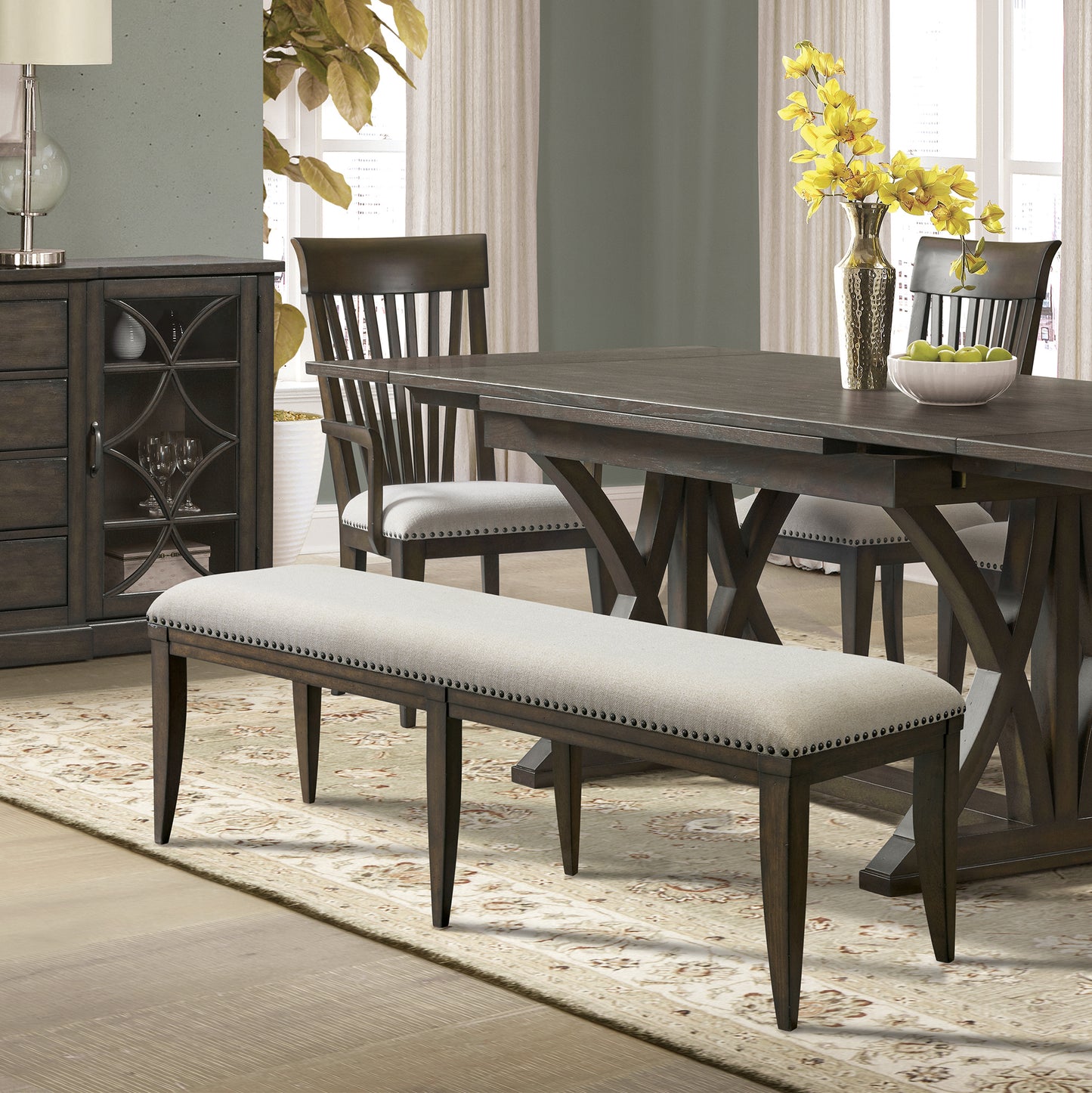 Grant Nailhead Trim Upholstered Dining Bench, Beige