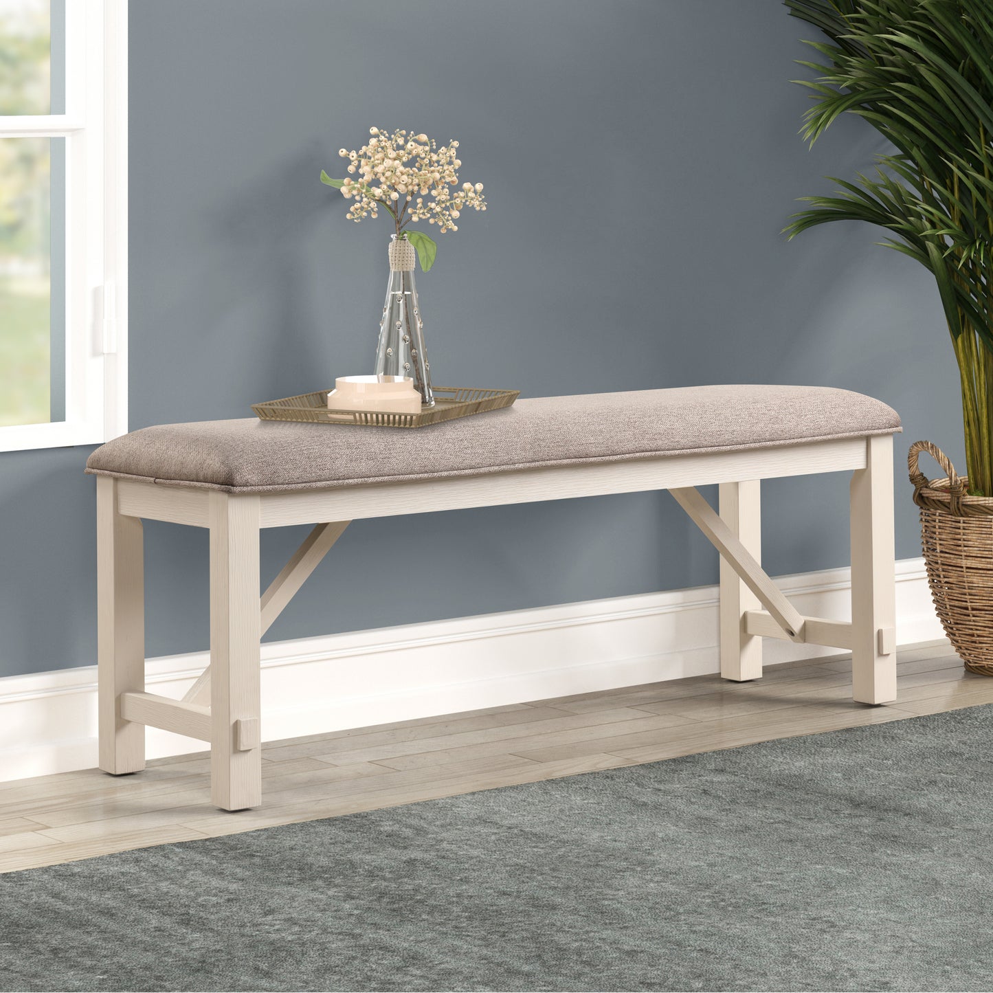 Roundhill Furniture Fasena Off White Solid Wood Upholstered Bench