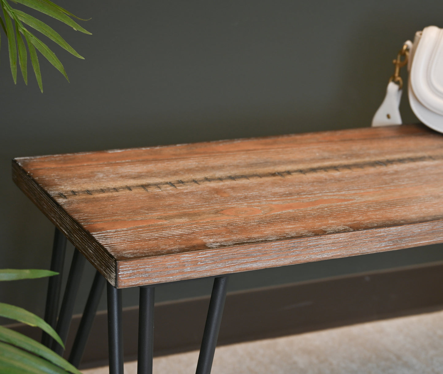 Aryven Industrial Wood Dining Bench, Rustic Dark Pine Finish