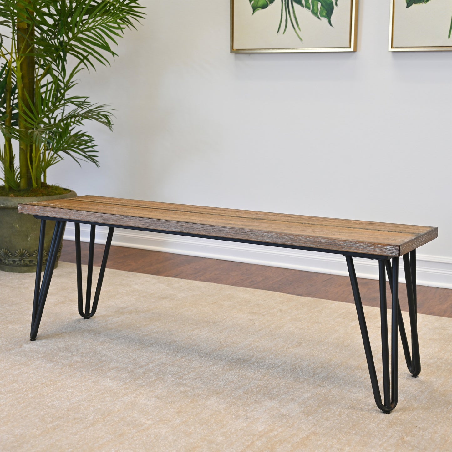 Aryven Industrial Wood Dining Bench, Rustic Dark Pine Finish