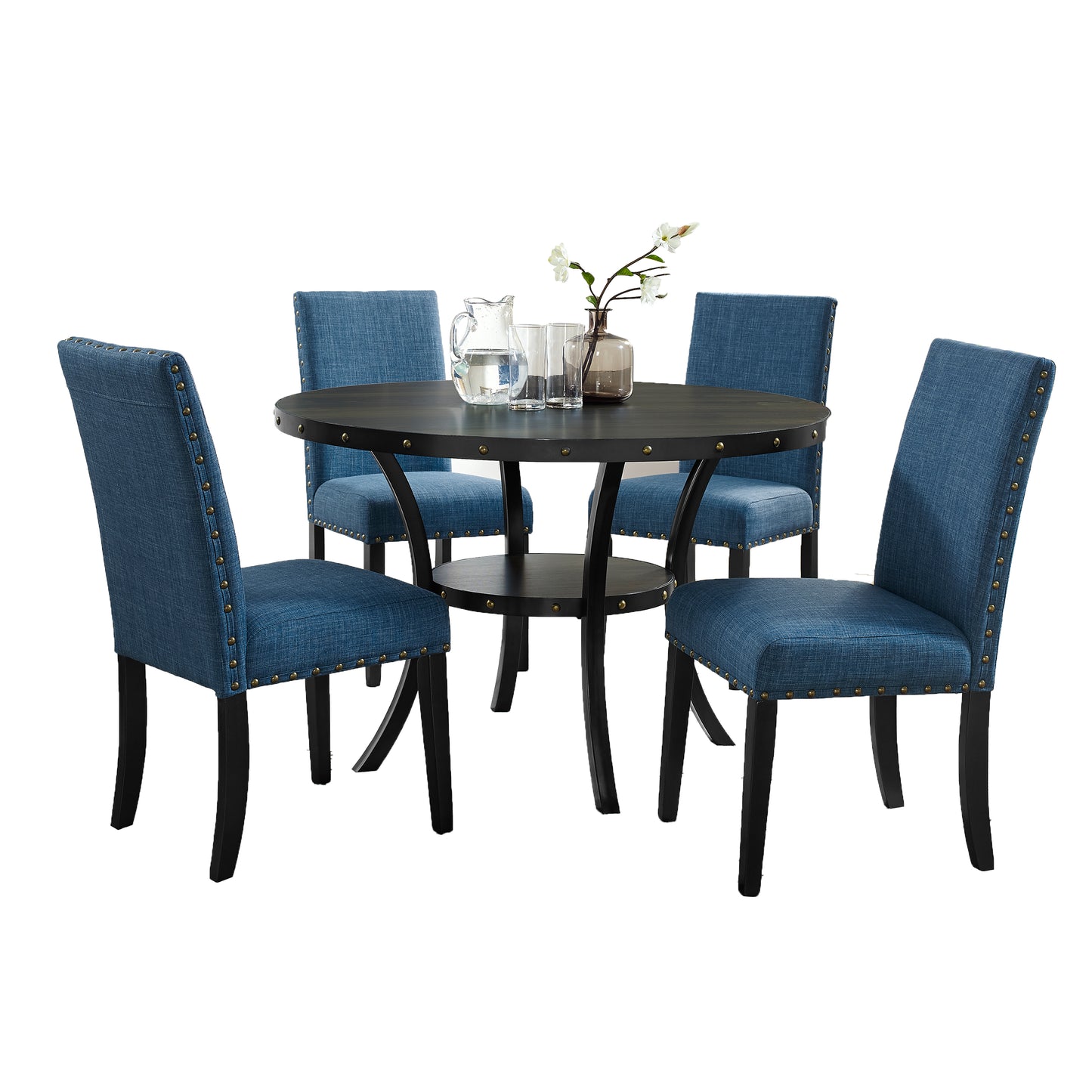 Roundhill Furniture Biony Espresso Wood Dining Set with 4 Fabric Nailhead Chairs